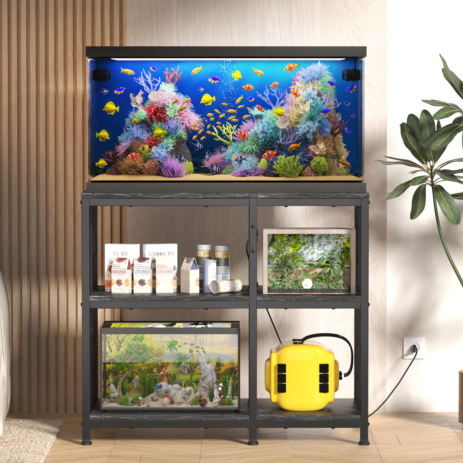 Soporte reforzado para acuario de 40 a 50 galones con toma de corriente, soporte de metal ultra estable de 750 libras de capacidad para reptiles/acuáticos, sistema de estantería de acero