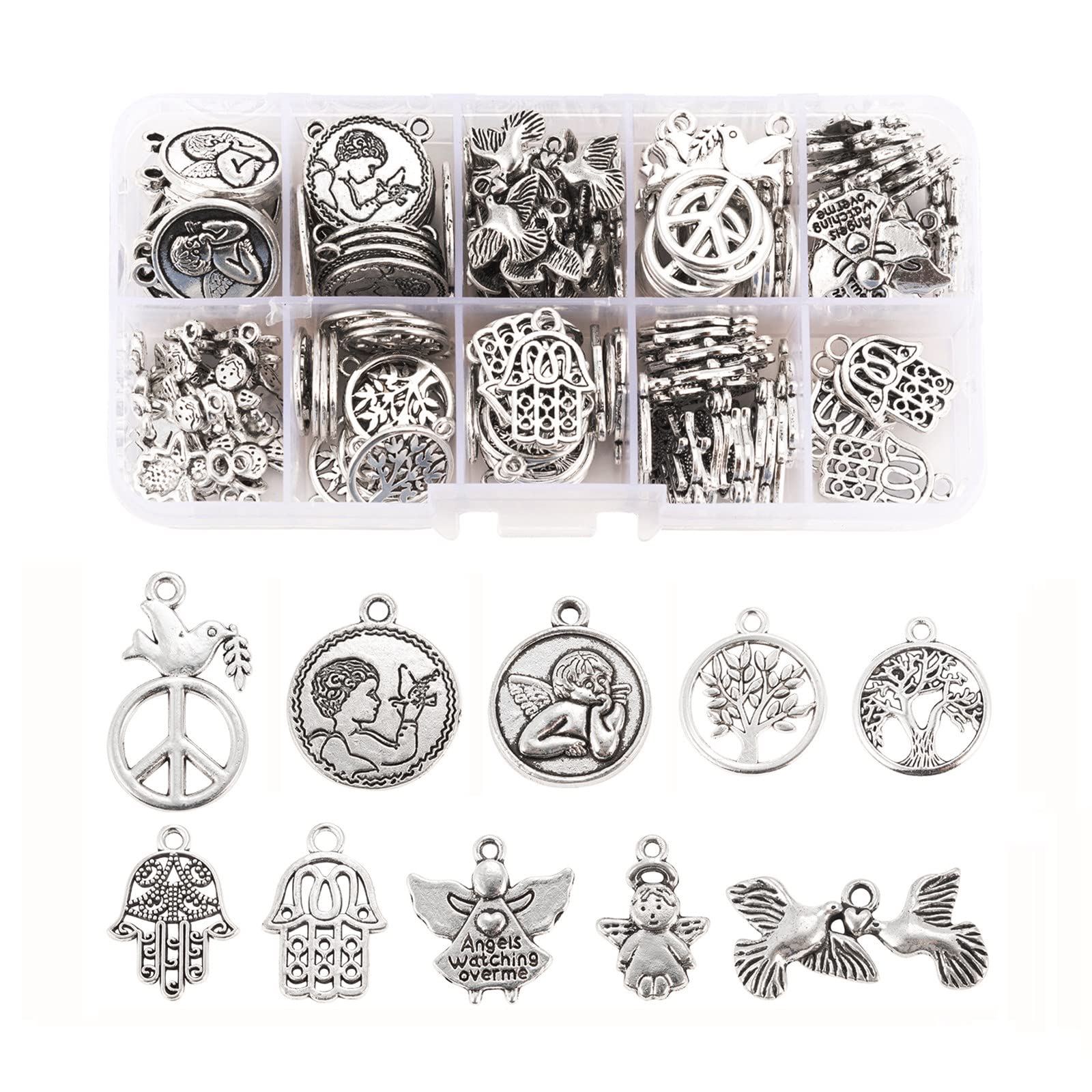 PandaHall 150pcs Tibetan Style Alloy Charms Pendants Antique Silver Plated Angel & Pigeon & Peace Sign & Flat Round & Hamsa Hand Metal Dangle Charms for Bracelet Necklace Jewelry Making — image 1