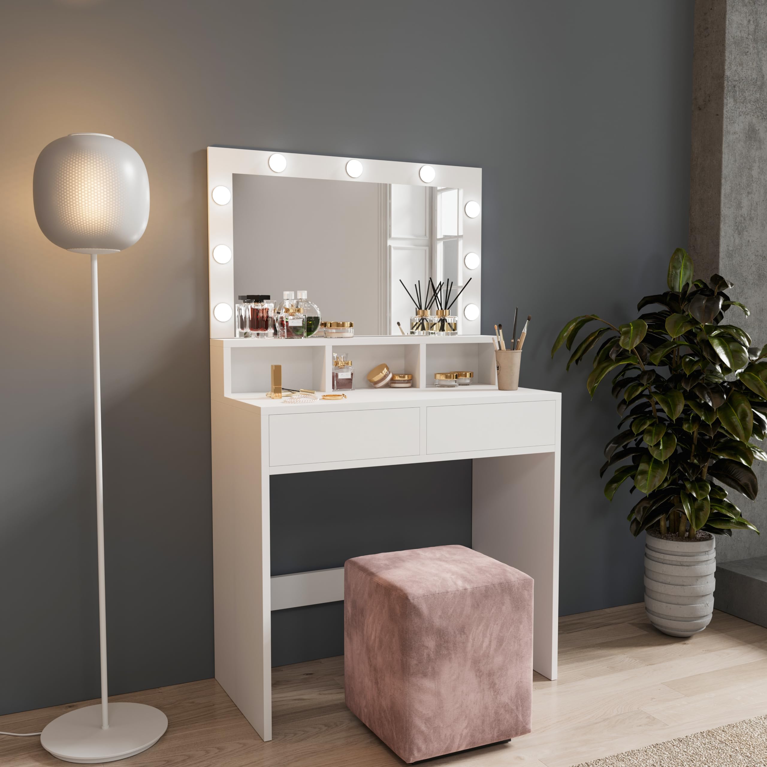 Toeletta Tavolino Da Trucco Tavolo Con 9 Luci LED Con Luminosità Regolabile 2 Cassetti 3 Scomparti A Giorno Specchio Orizzontale Postazione Make Up In Legno Design Moderno 40 x 80 x 140 Cm Bianco