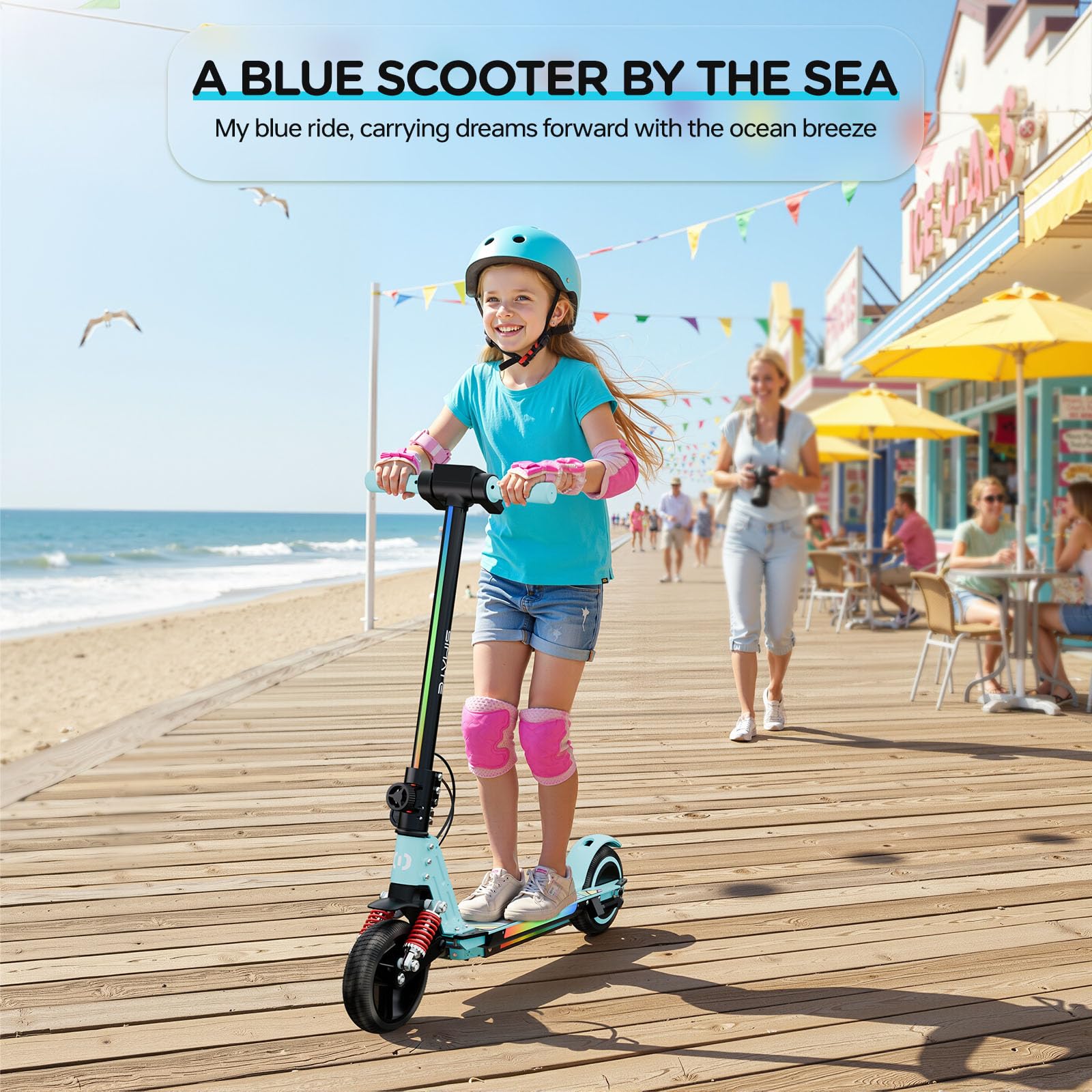 S5 Patín Eléctrico para Niños, Scooter Eléctrico Plegable con Luz LED, Llantas Todo Terreno de 6,5", Velocidad Máx. 14 km/h, para 6-14 Años, Azul Cielo