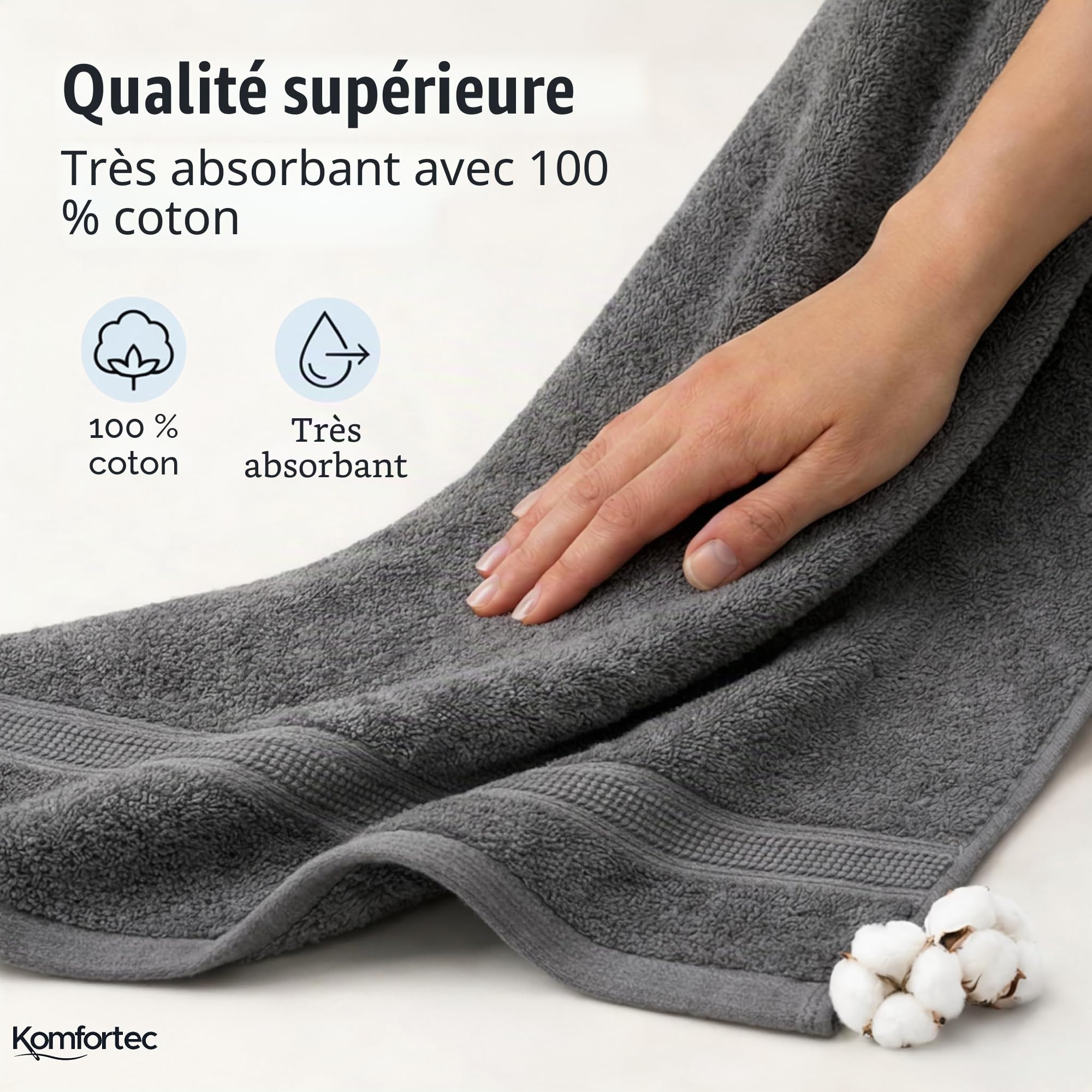 Komfortec Lot de 8 Serviettes 100% Coton, 4 Serviettes de Bain de 70 x 140 cm et 4 Serviettes de Toilette de 50 x 100 cm, éponge Douce, Grande Taille, Anthracite/Bleu Clair