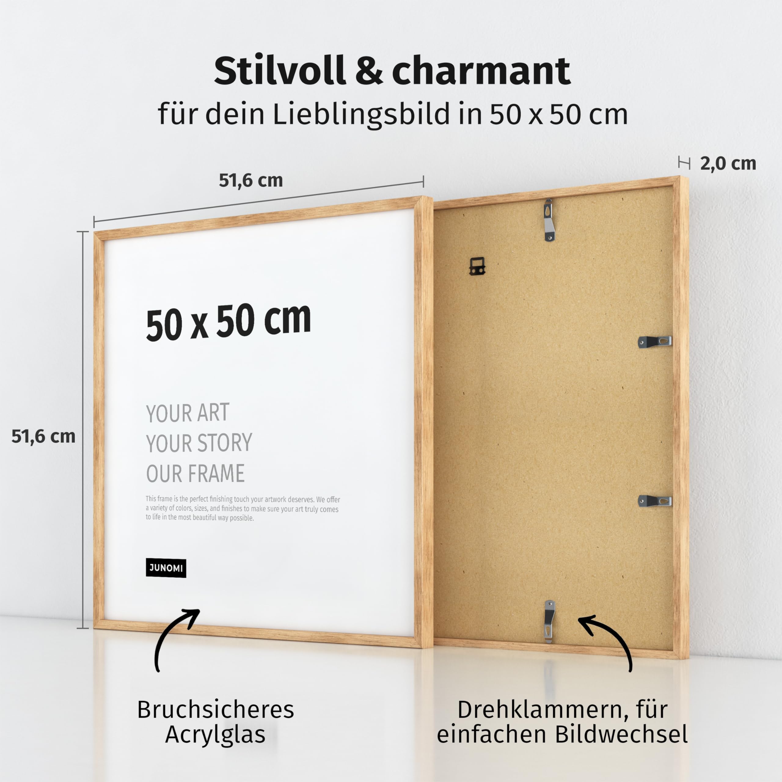 JUNOMI Premium Oak Picture Frame 50 x 50 cm - Real Oak Wood Frame with Shatterproof Acrylic Front, 50 x 50 cm / 1x - Image 3