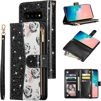 UEEBAI Wallet Case for Samsung Galaxy S10 Plus, PU Leather Wallet Magnetic Closure Handbag Zipper Pocket Cover Kickstand Card Slots with Hand Strap Marple Flip Case for Women - Bling Black