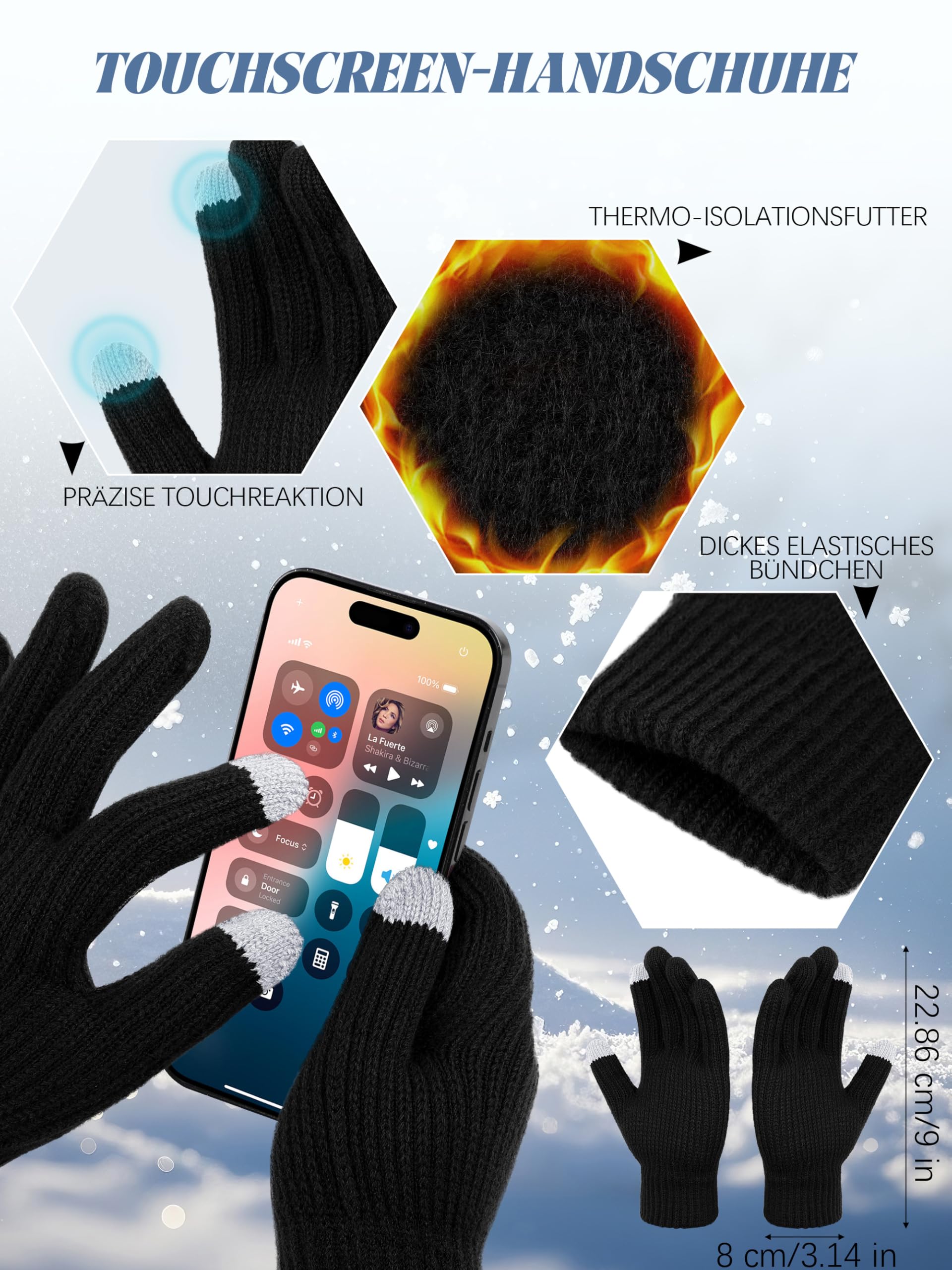 VZV Wintermütze, Schal, Handschuhe-Set: Warme Strickmütze, Touchscreen-Handschuhe, Langer Strickschal, Wintergeschenke für Herren, 3-teiliges