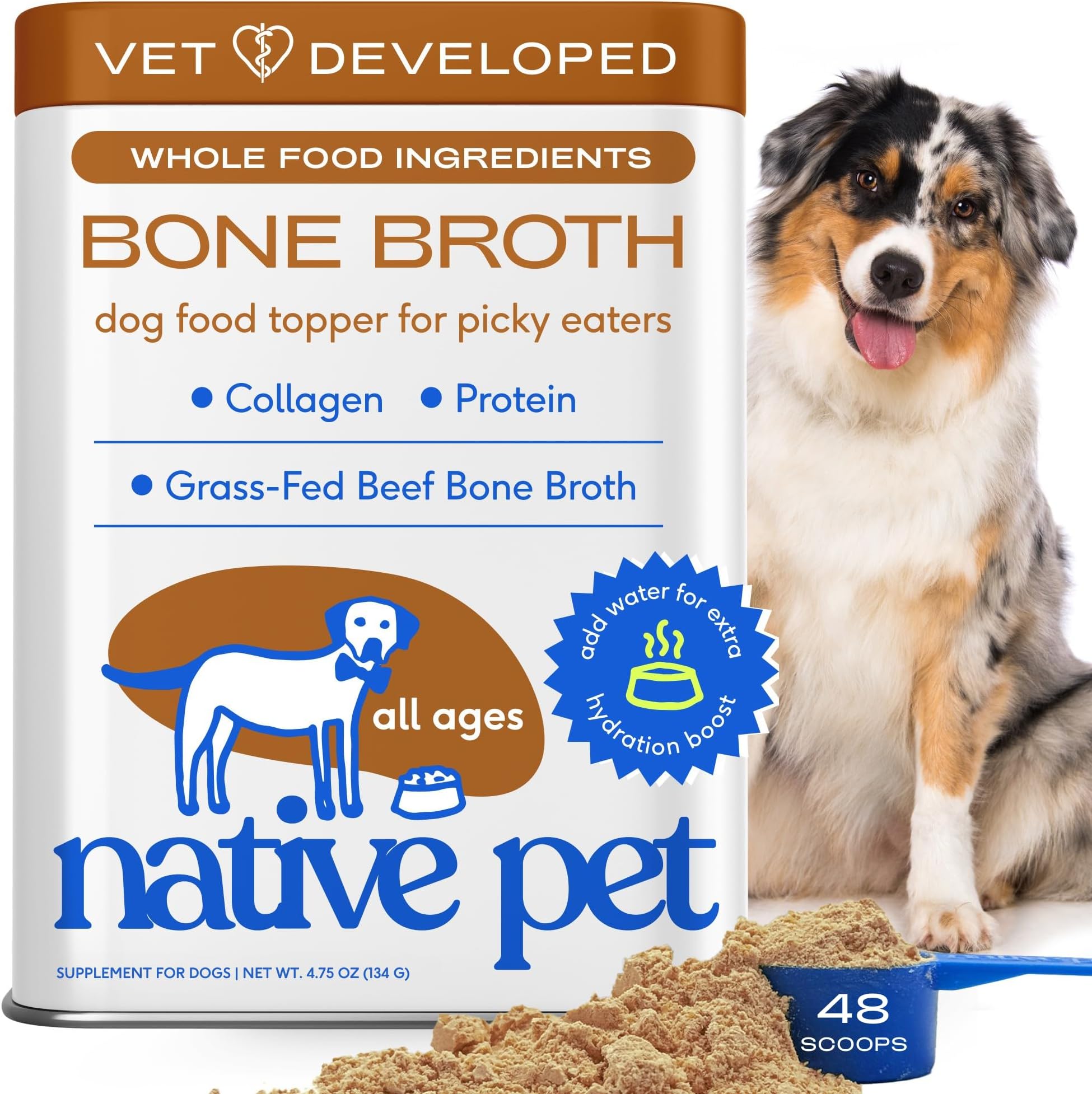 Bone Broth for Dogs - Made with Real Beef Bone Broth, Dog Food Toppers for Picky Eaters - Provides Extra Hydration & Nutrition for Joint Strength, Immunity & Heart Health-48 Scoops