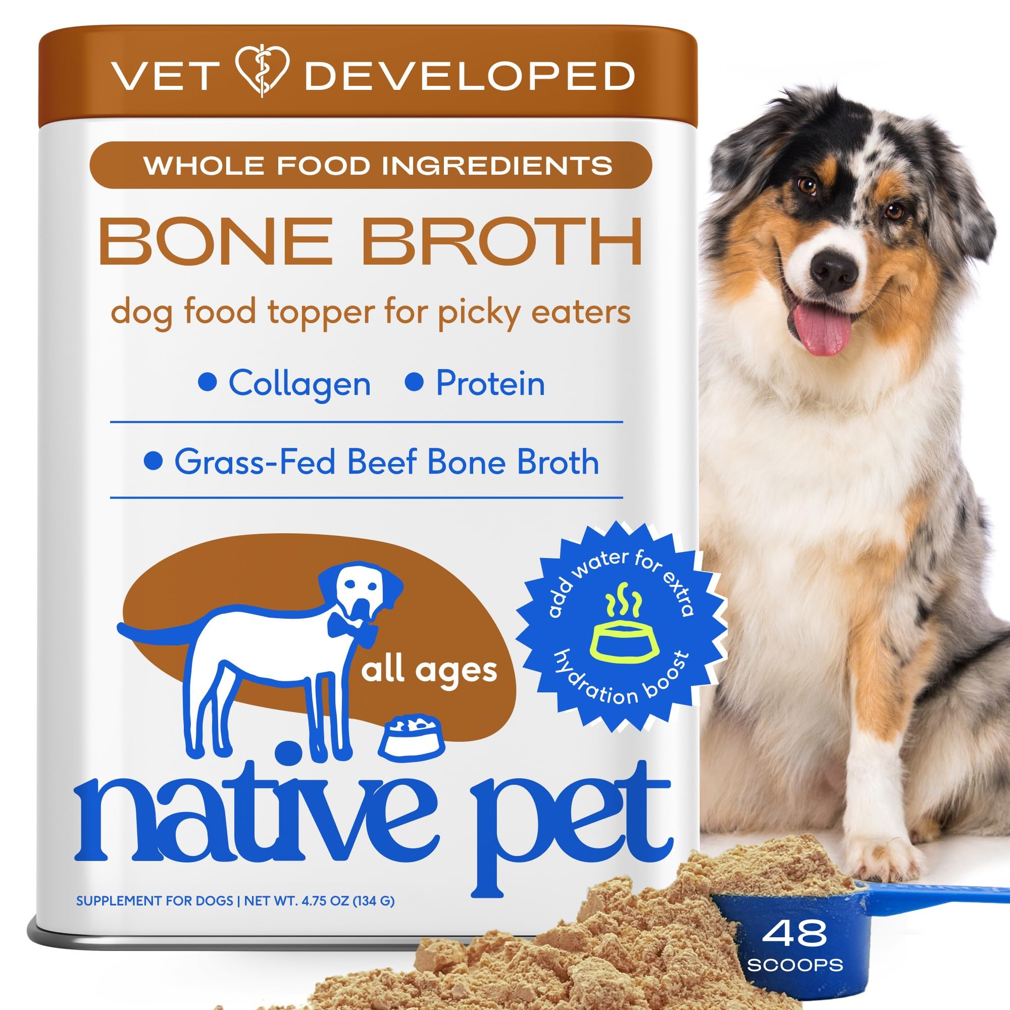 Native Pet Bone Broth for Dogs - Made with Real Beef Bone Broth, Dog Food Toppers for Picky Eaters - Provides Extra Hydration & Nutrition for Joint Strength, Immunity & Heart Health-48 Scoops
