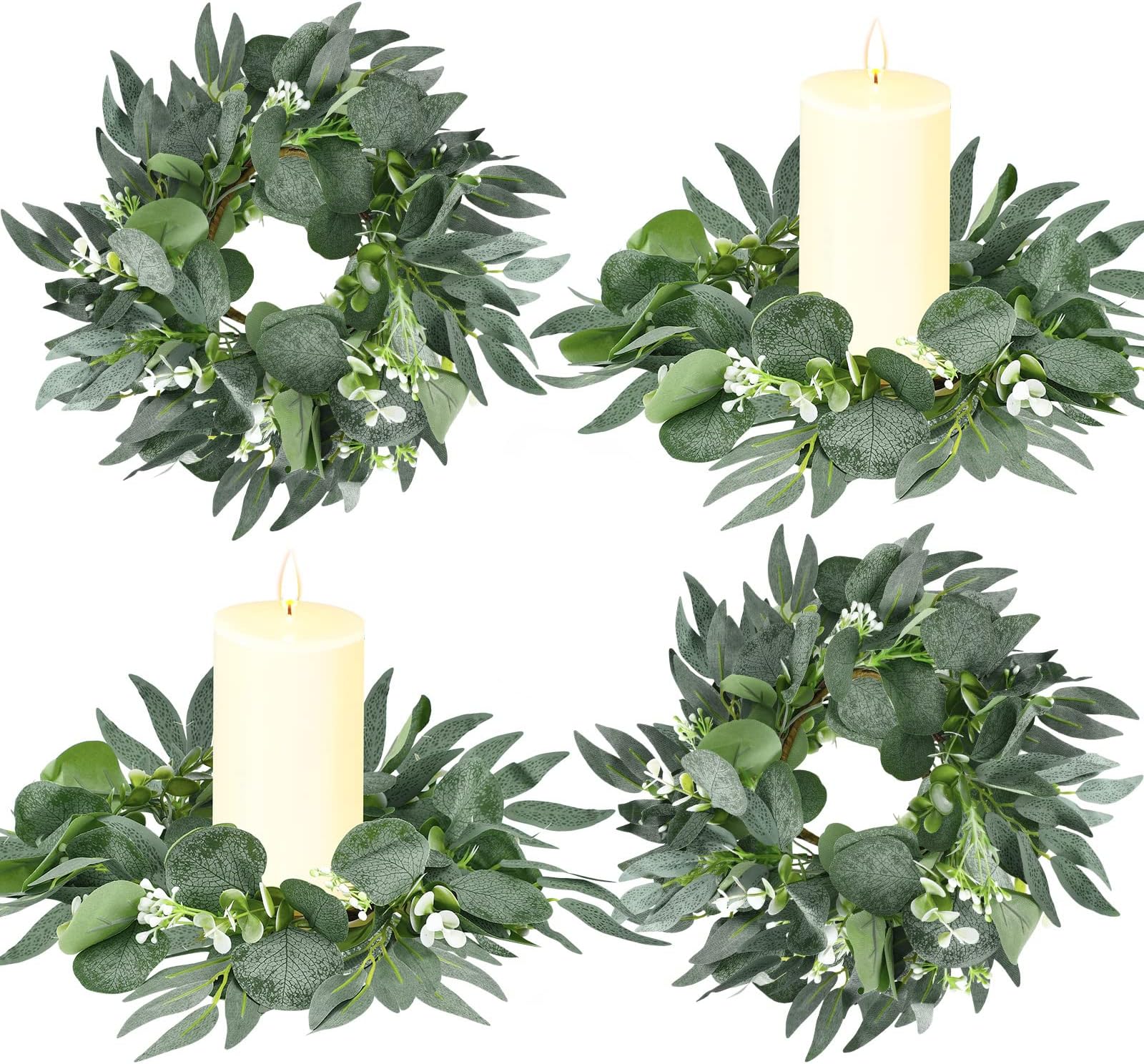 4 Pieces Candle Rings Wreaths 4inch Artificial Eucalyptus