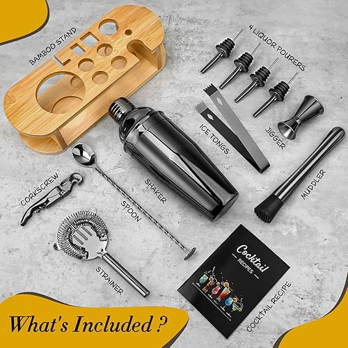 Miniatura 4 de Juego de coctelera con soporte, juego de mezclador de bebidas de acero inoxidable con todos los accesorios esenciales, juego de herramientas de bar