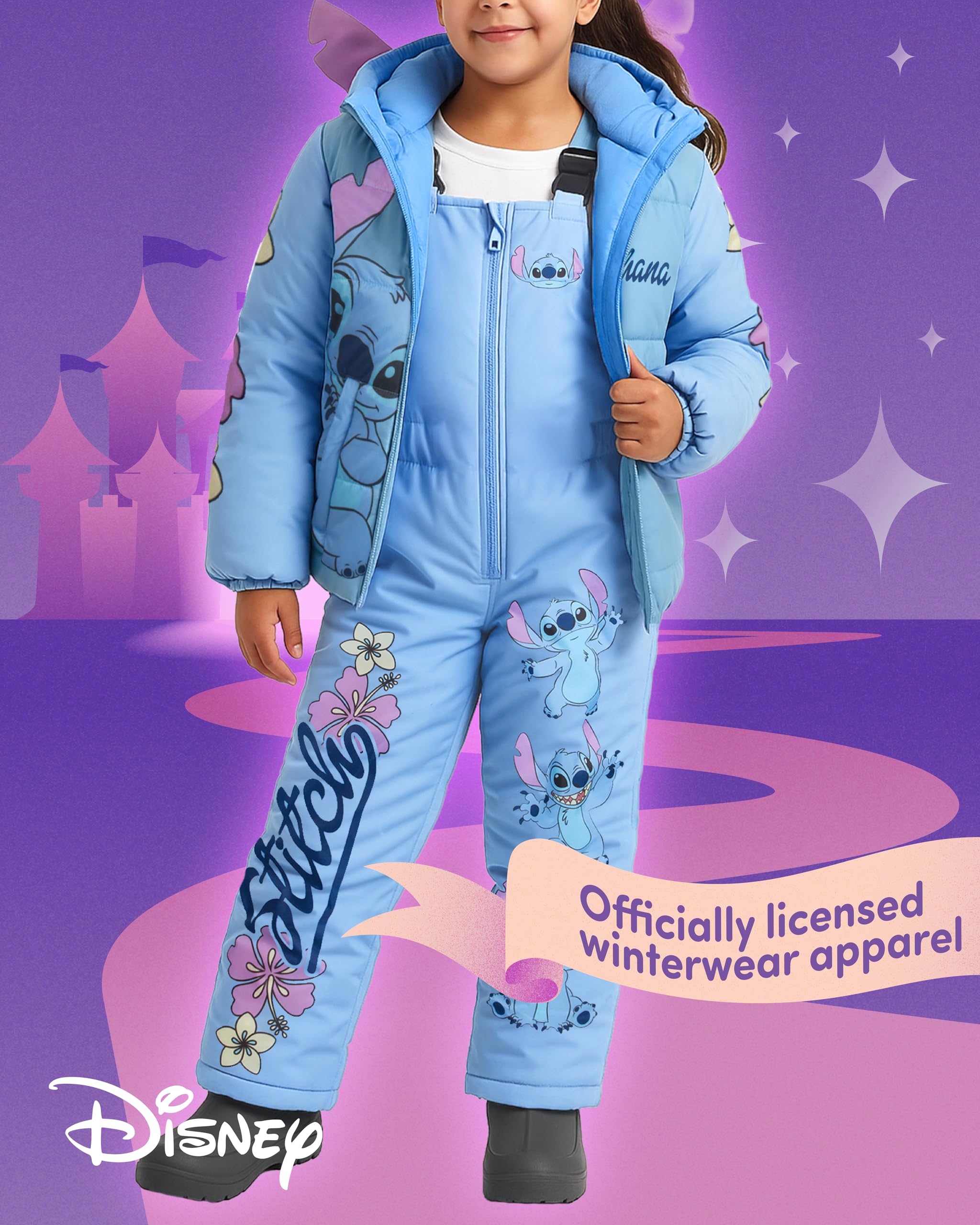 Disney Ensemble de neige pour filles – Minnie Mouse, Lilo & Stich – Veste de ski et pantalon à bretelles pour tout-petits/petites filles (2T-7)