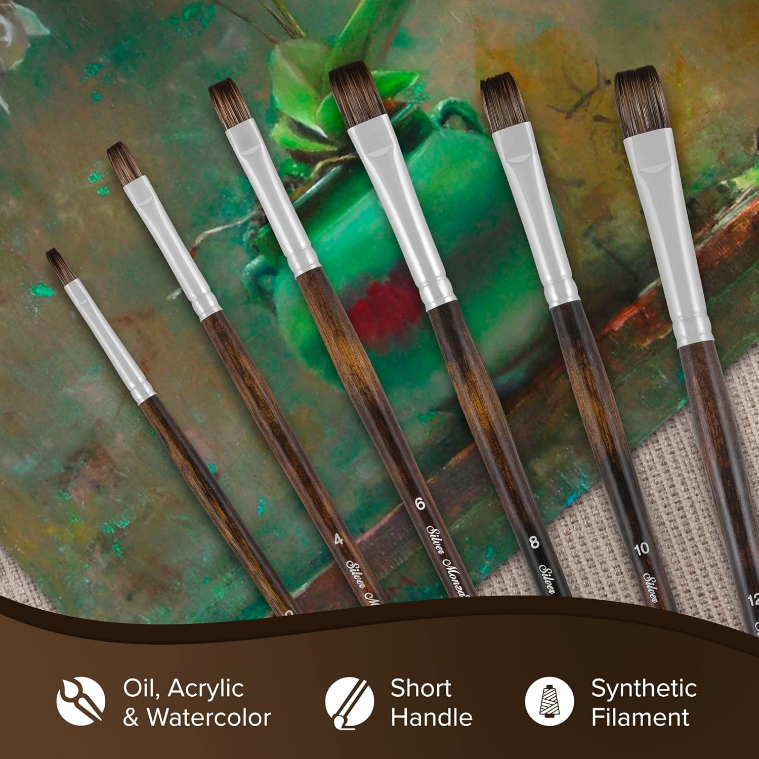 Silver Brush Limited 2623S Monza Bright Brush, Oil, Acrylic, and Watercolor Brush, Short Handle, Size 10