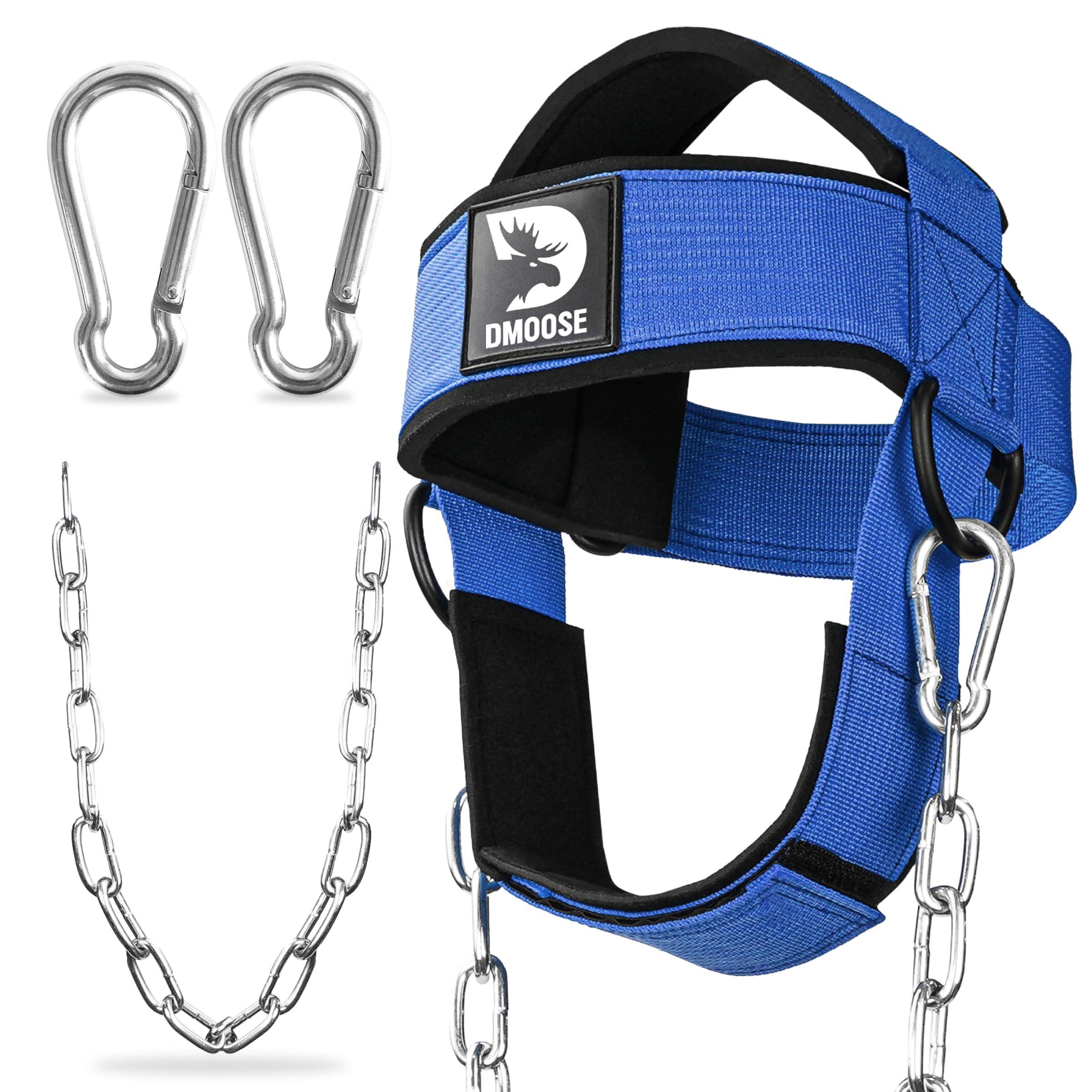 DMoose Fitness Neck Harness for Weight Lifting - Soft Padded Head &amp; Chin Strap with 30" Heavy Duty Steel Chain - Neck Exerciser, Trainer &amp; Strengthener to Support Injury Recovery and Intense Workouts