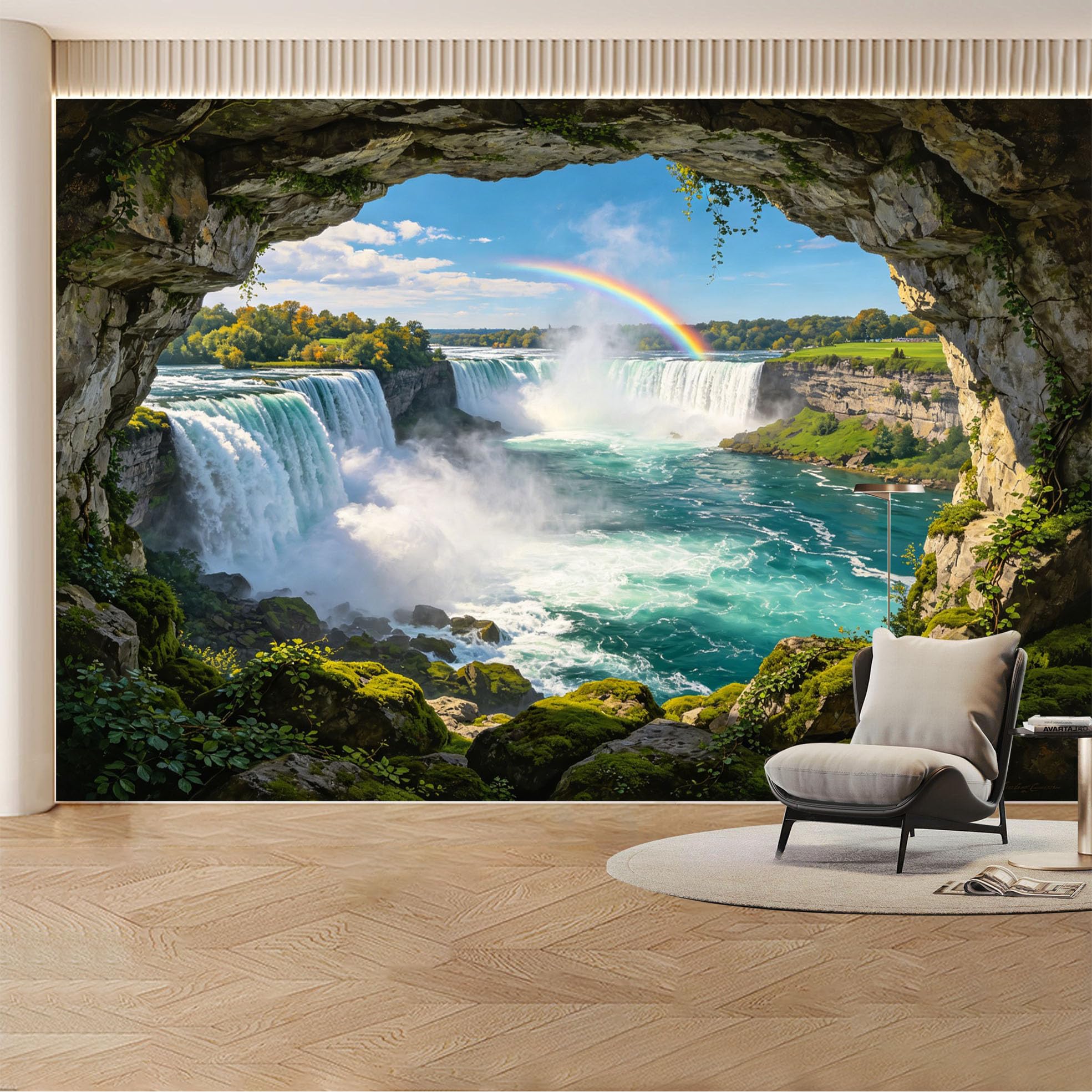 Kayorowalls Bh20260620075 Custom Wall Mural Wallpaper Waterfall Rainbow Landscape Nature 3D Effect Wall Decor Large Wall Art Tropical Misty Luxury Removable Selfadhesive Large Photo For Living Room， Bedroom， Office