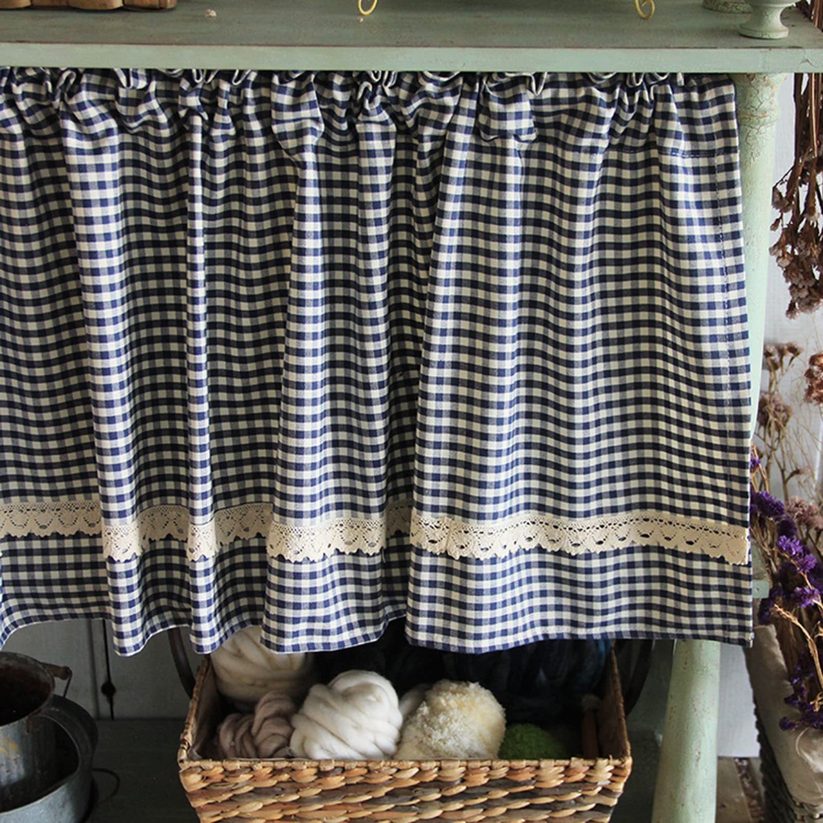A.Monamour Cortina Cocina Ventana Puerta Corta Pequeña Algodón Azul Blanco Cuadros Buffalo Encaje Opaca Bolsillo para Varilla Panel Cenefa Rustica Bistro para Dormitorio Café Baño Habitación Terraza