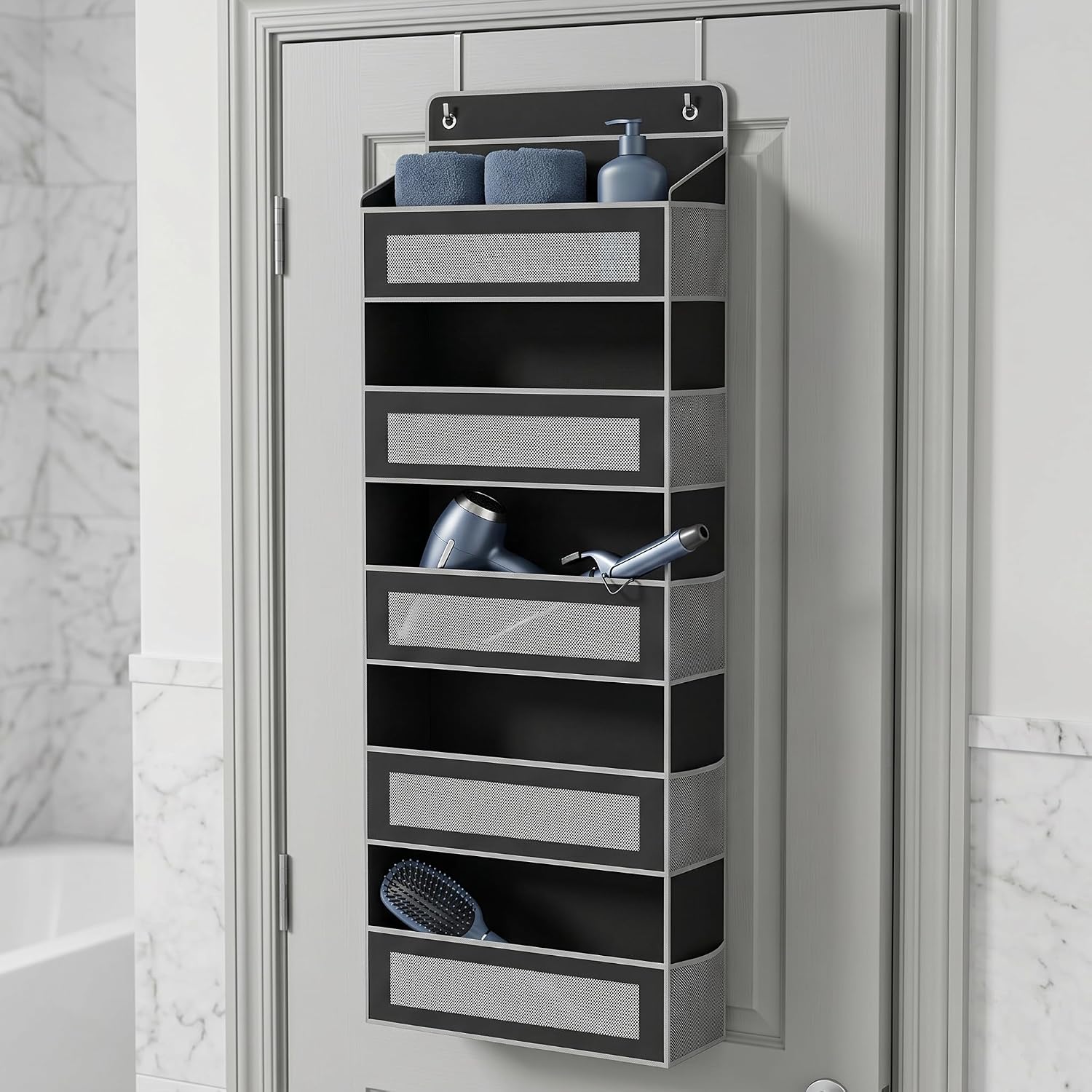 5 tier over the door organizer，behind door organizer，no drill door hanging storage for Bedroom Dorm Wardrobe Home Travel (Modern Minimalist Black)