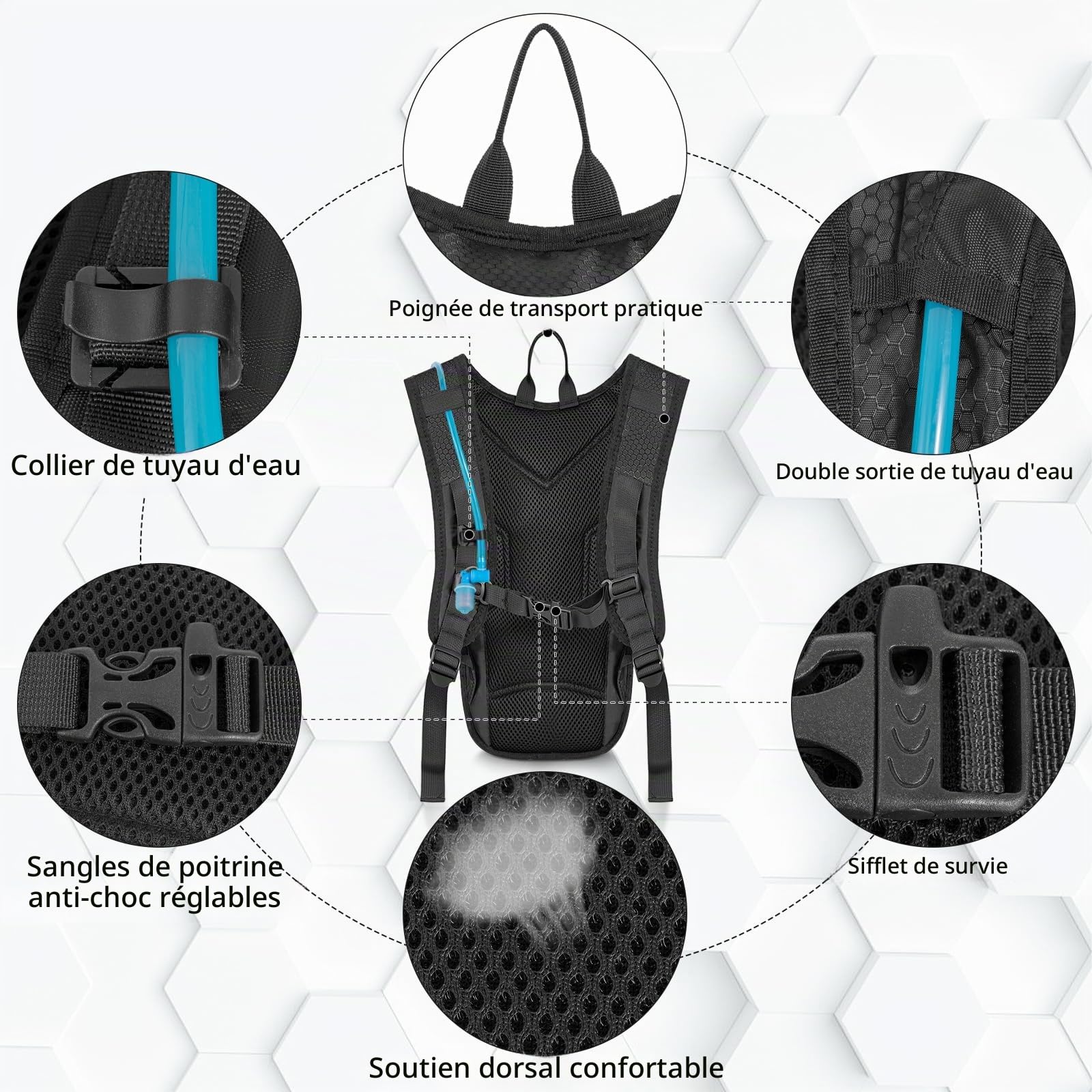 Sac à dos d'hydratation avec poche à eau de 2 L, sac léger pour cyclisme, course, randonnée, escalade