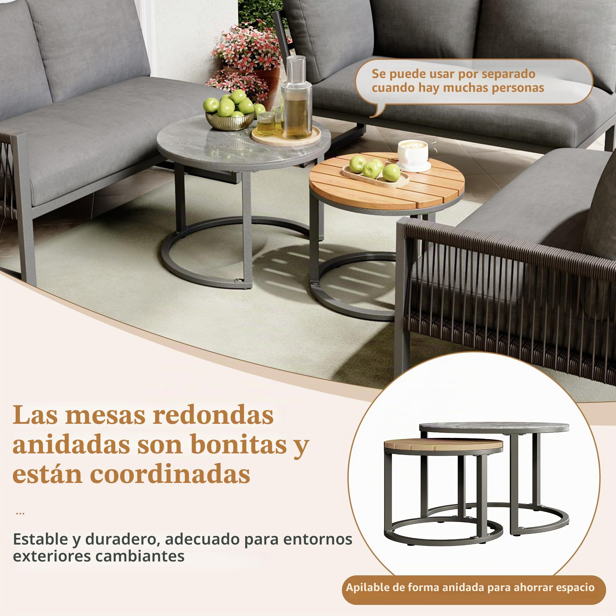Soweiz Juego de salón de jardín, juego de muebles para 6-7 personas, sofá esquinero con estructura de hierro galvanizado, patas ajustables, incluye todos los cojines de asiento y respaldo, sofá