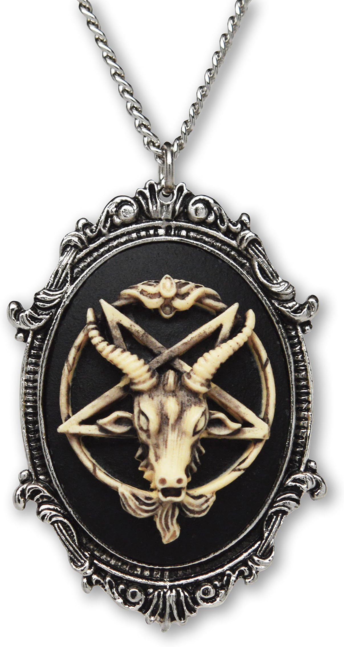 Antiqued Goat Head Satanic Baphomet Cameo Bone on Black In Silver Finish Frame Pendant Necklace