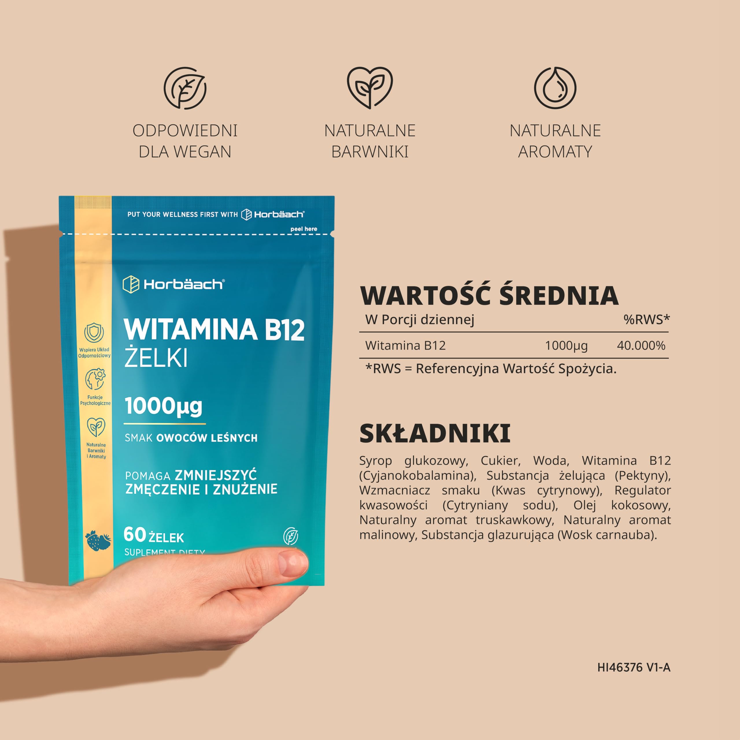 Witamina B12 Żelki 1000mcg | Wysoka dawka | Smak Owoców Leśnych | Suplement witaminy B12 (cyjanokobalamina) Wspierający Poziom Energii | Odpowiednie dla wegan | marki Horbaach