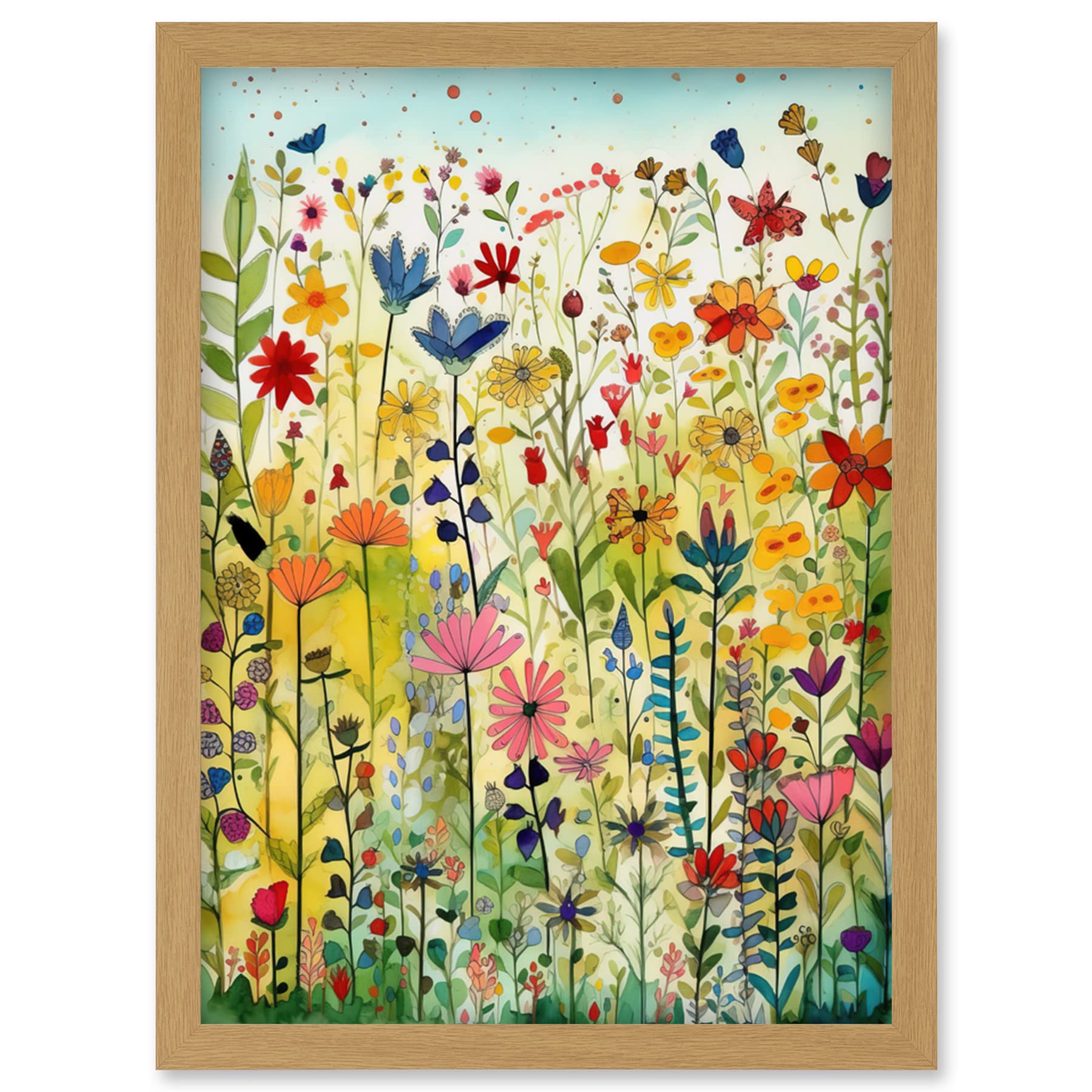 Artery8 Mixed Wildflower Bloom In Meadow Folk Art Artwork Framed Wall Art Print A4