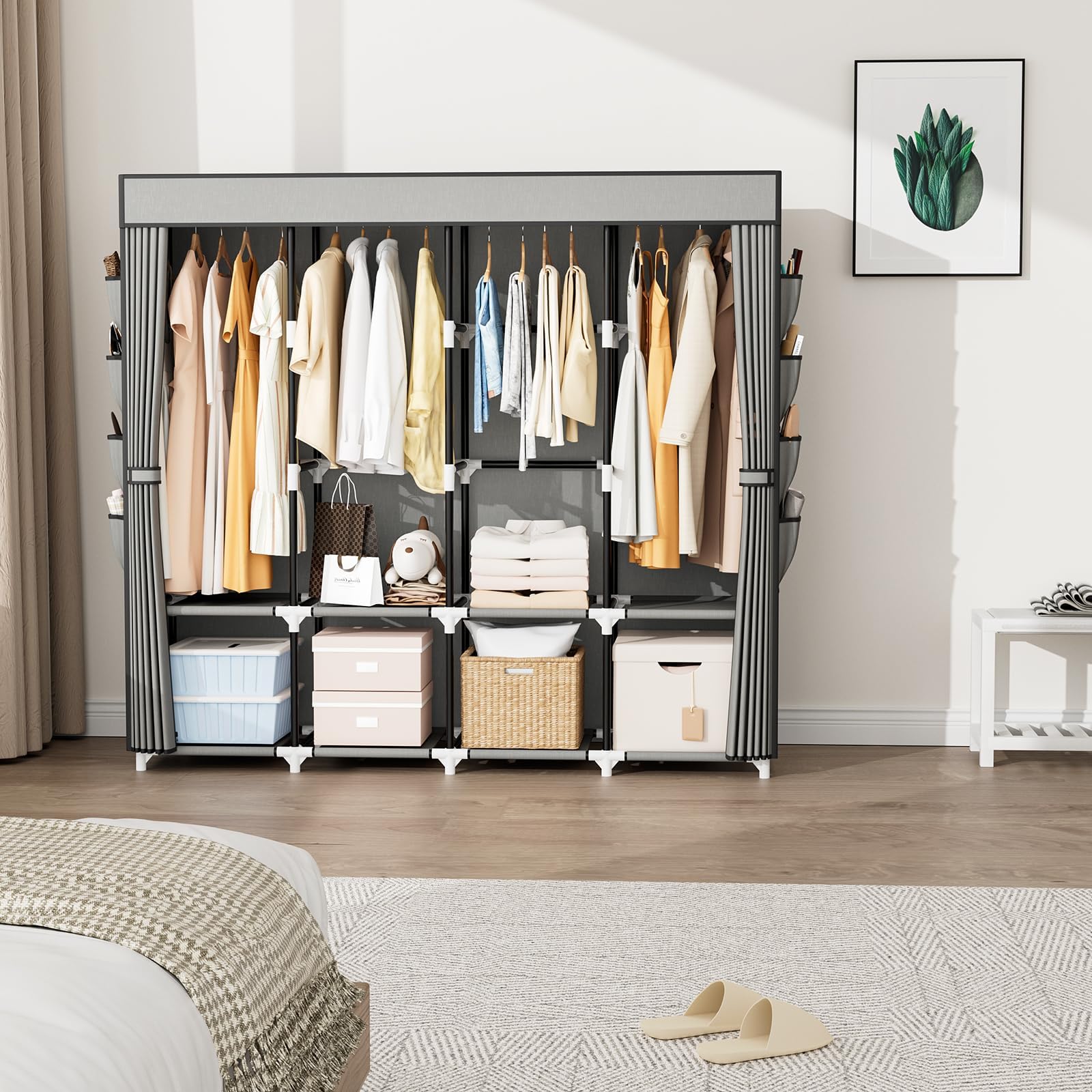 Vicye Armario de Tela para Ropa Plegable, Armarios Dormitorio con 4 Barras para Colgar, 8 Estantes y 8 Bolsillos Laterales, Gran Capacidad Armario Tela Portátil (170 x 45 x 167 cm, Gris)
