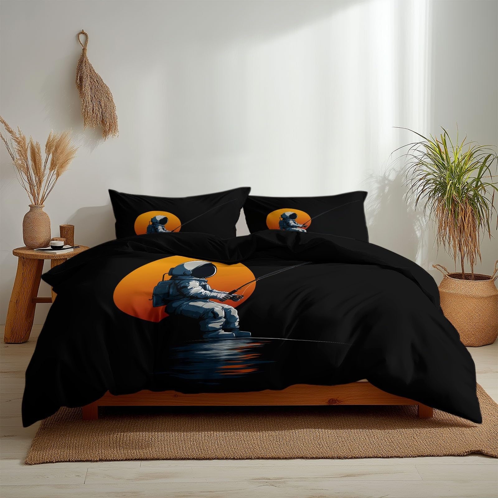 Générique Zestaw pościeli dziecięcej 140 x 200 cm kreskówka księżyc astronauta wędkarstwo poszwa na kołdrę z mikrofibry miękka i oddychająca, czarna pościel 1 osoba zamek błyskawiczny poszewki na