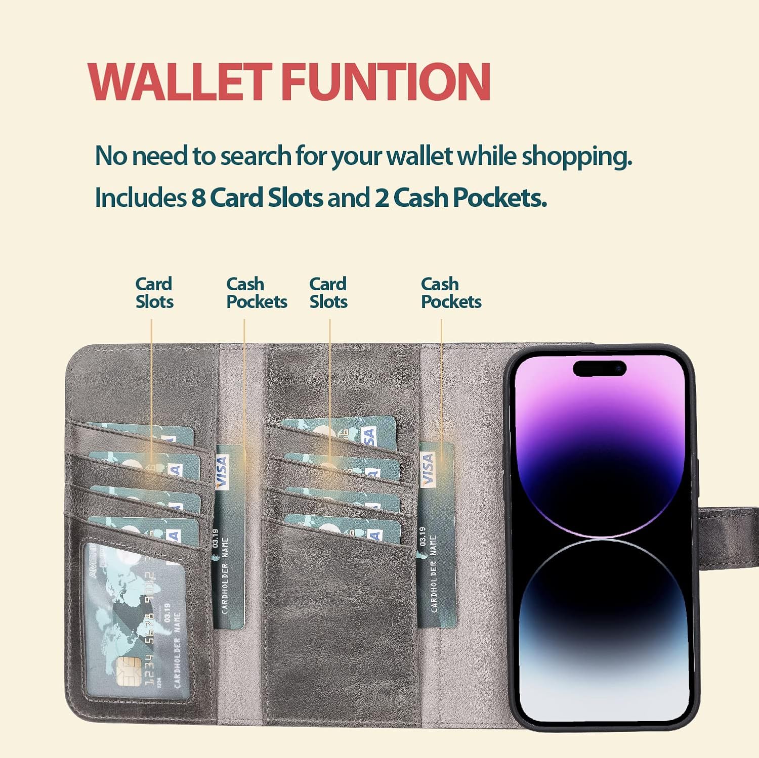 Bayelon Case for iPhone 14 Pro, Full Grain Trifold Leather Wallet [2in1], Detachable Magnetic Flip Cover with Card Slots, MagSafe Compatible (Smoked Black)
