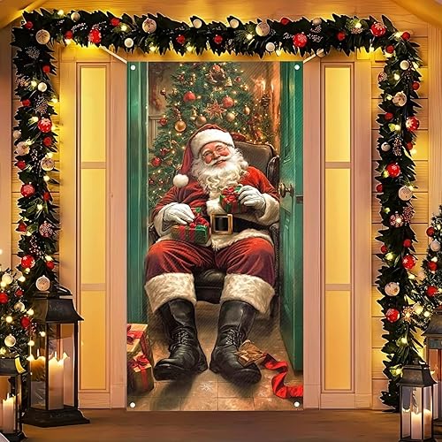 Miniatura 9 de Cubierta de puerta de Feliz Navidad de 71 x 35 pulgadas, decoración de invierno con letras de reno, árbol de Navidad para decoración de interiores y