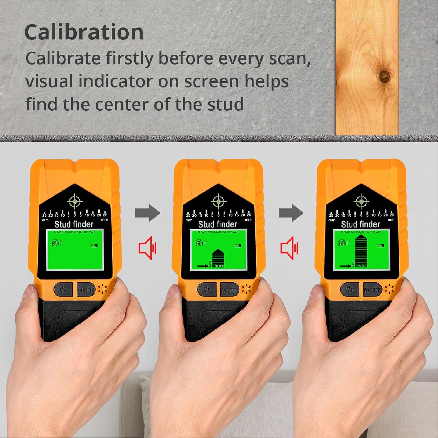 Three images showing the Proster T50 Stud Finder's display during calibration and stud detection, with increasing signal bars and a 'CENTER' indicator.