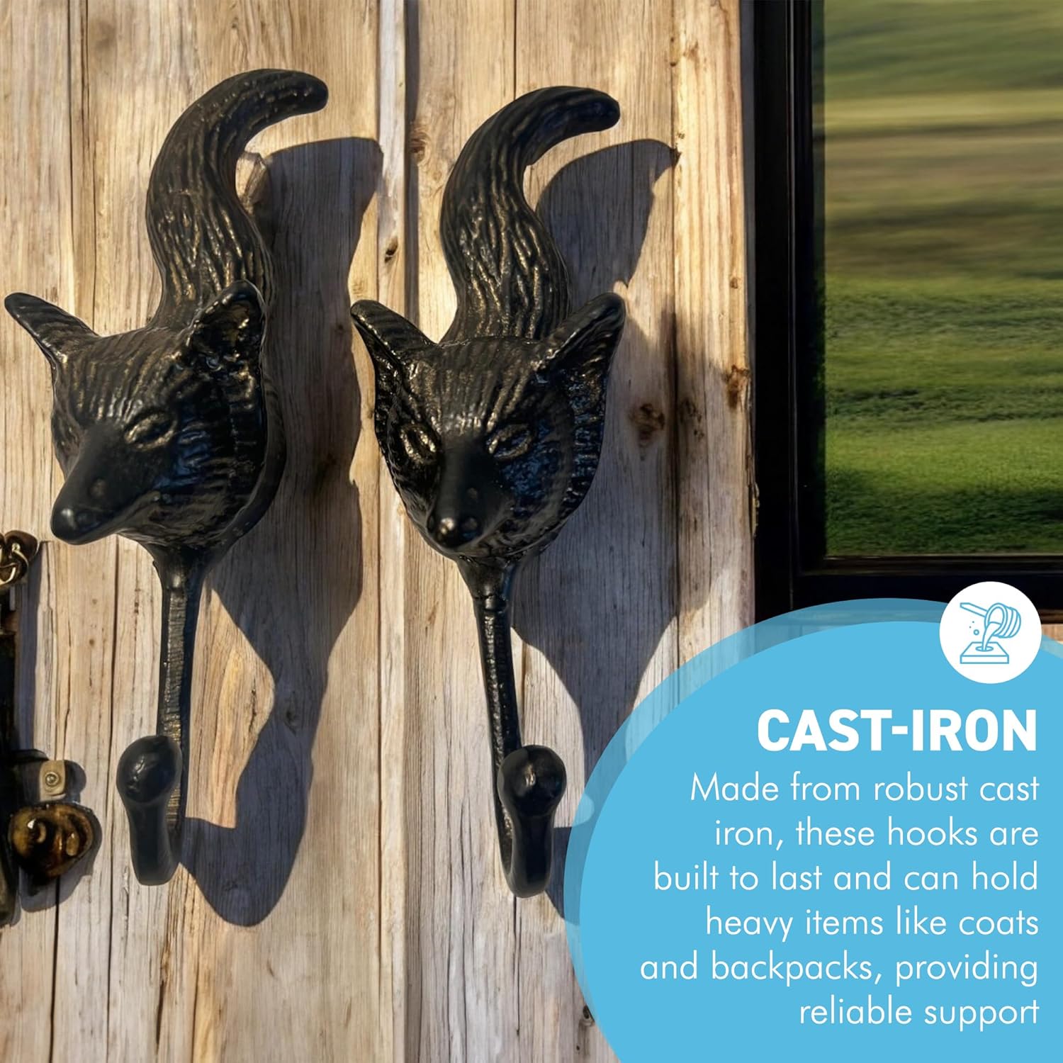 Thorness Set of Two Sturdy Wall Mounted Cast Iron Fox Head Hook Hanger for Hat, Coat, Clothes - Ideal for Kitchen, Bathroom, Bedroom, Office, Black