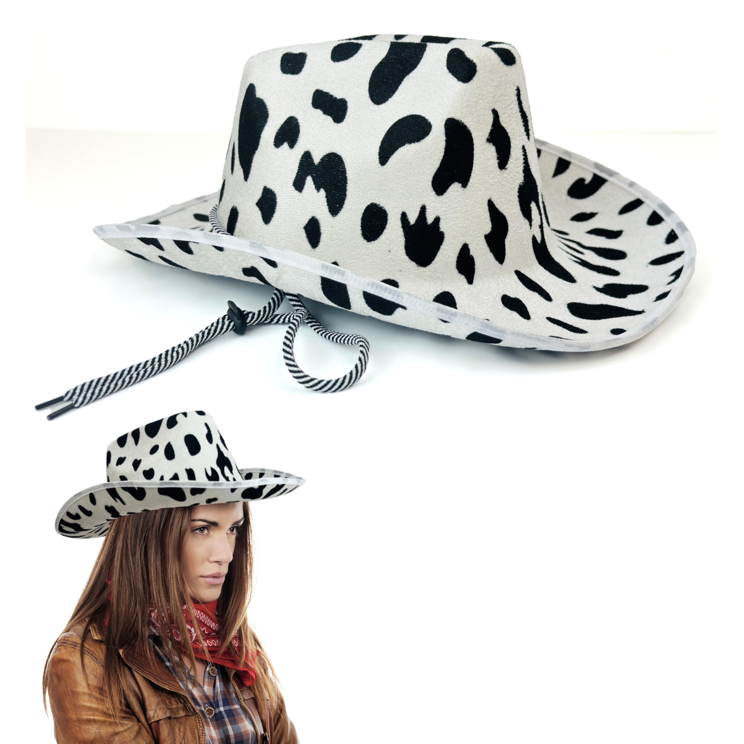 Lizzy Adult Cow Print Cowboy Hat | Stylish Wide Brim Western Hat for Women Novelty Fancy Dress Hen Party Cowgirl Halloween Costumes Carnival Music Festival Accessories
