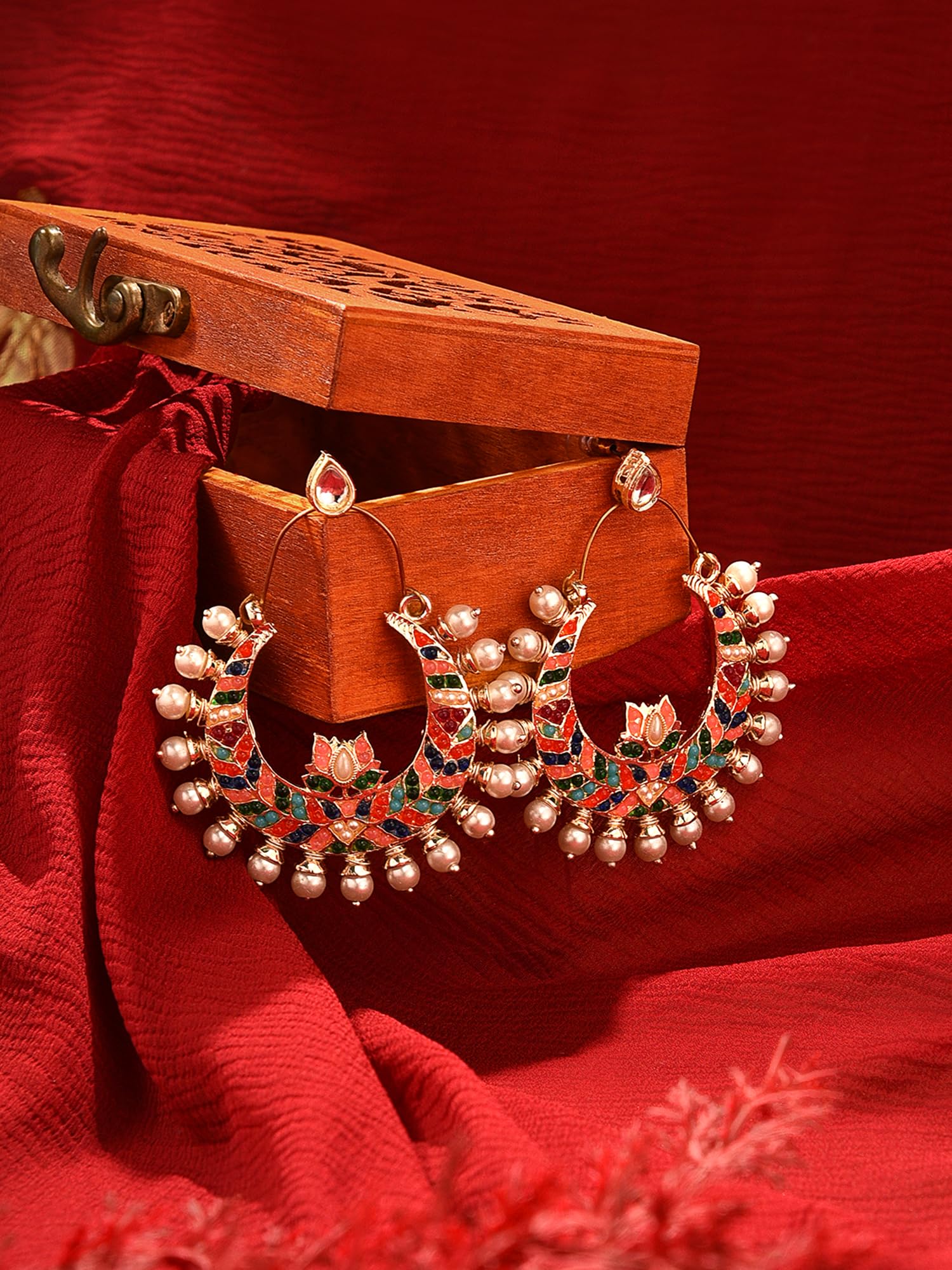 Crescent Lotus Ethnic Dangle Earrings with Stones - ZPFK16398