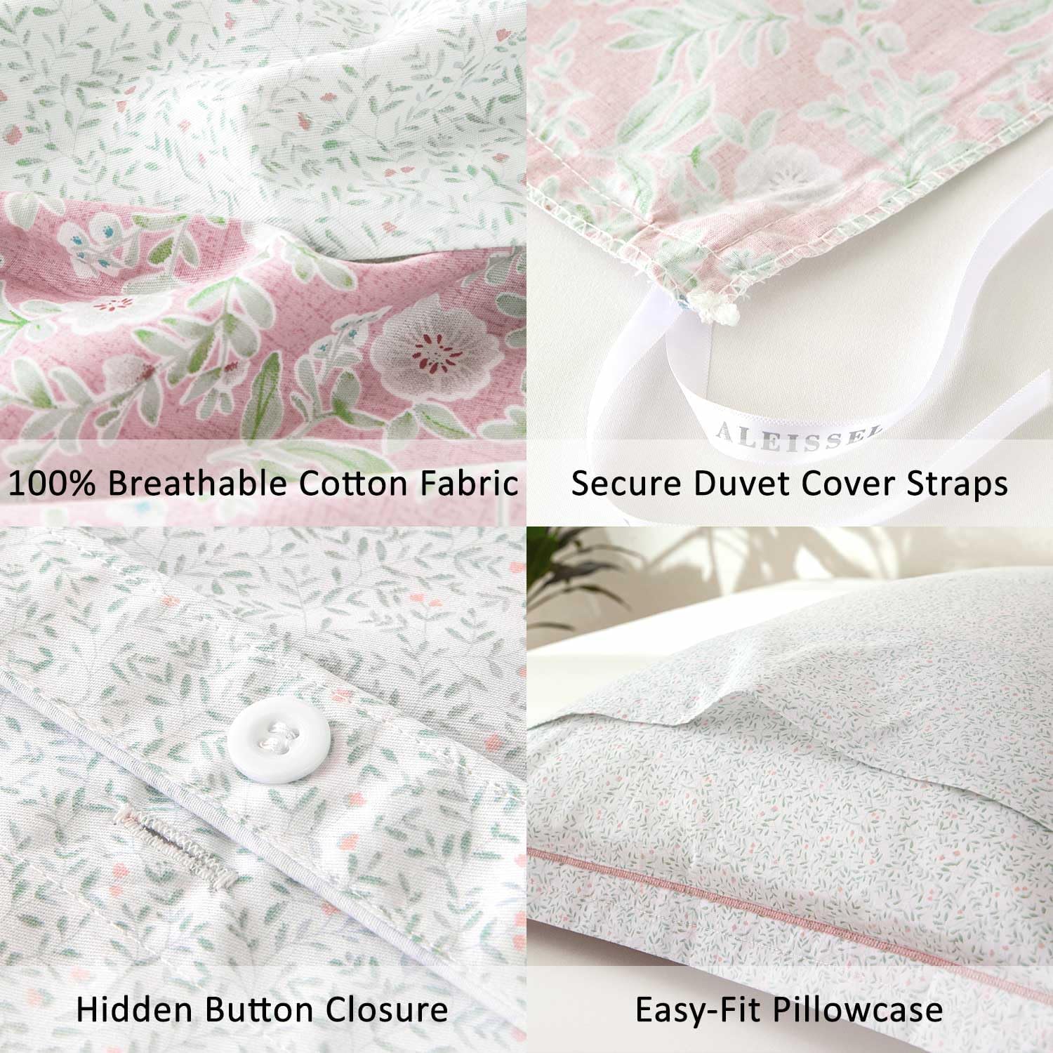 100% Natural Cotton Floral Duvet Cover King Size - Antique Pink Botanical Front & White Leaf Print Back with Button Closure, Romantic Cottage Style(3 Pieces,104"×90") - Image 5