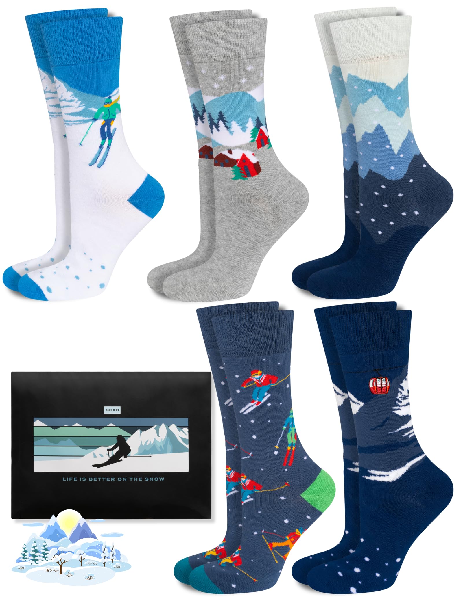 soxo Ski Socks For Men Funny Ladies Gift Ideas Long Womens Warm Winter Sock Men's Funky Gifts 6.5-10.5 Skiing 5 Pairs