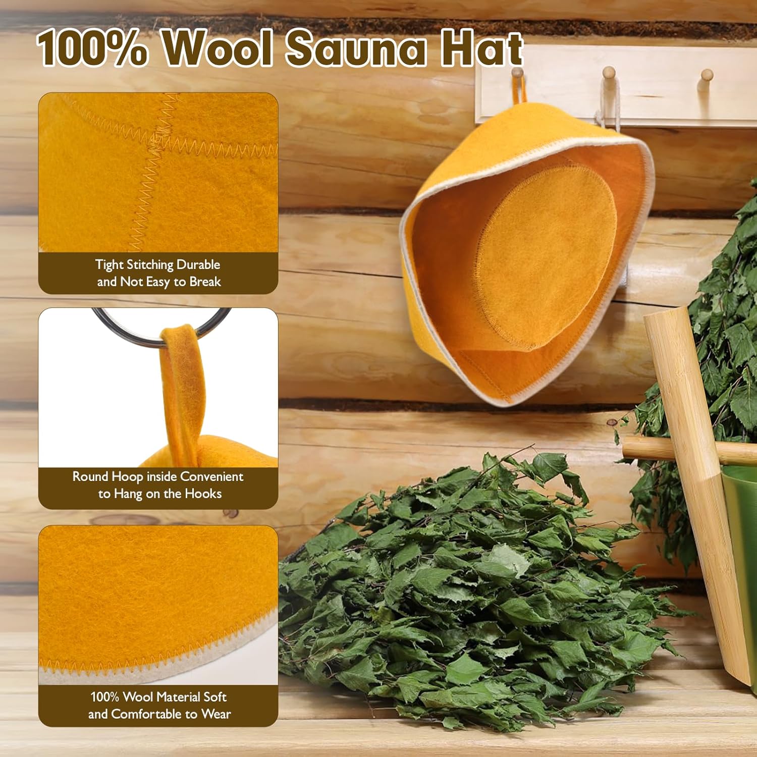 Bucket Sauna Hat 2-Pack, Wool Sauna Hat for Women and Men Russian Banya Cap - Ultra Soft, Breathable for Bath Sauna Accessories-Small Yellow Daisy - Image 3