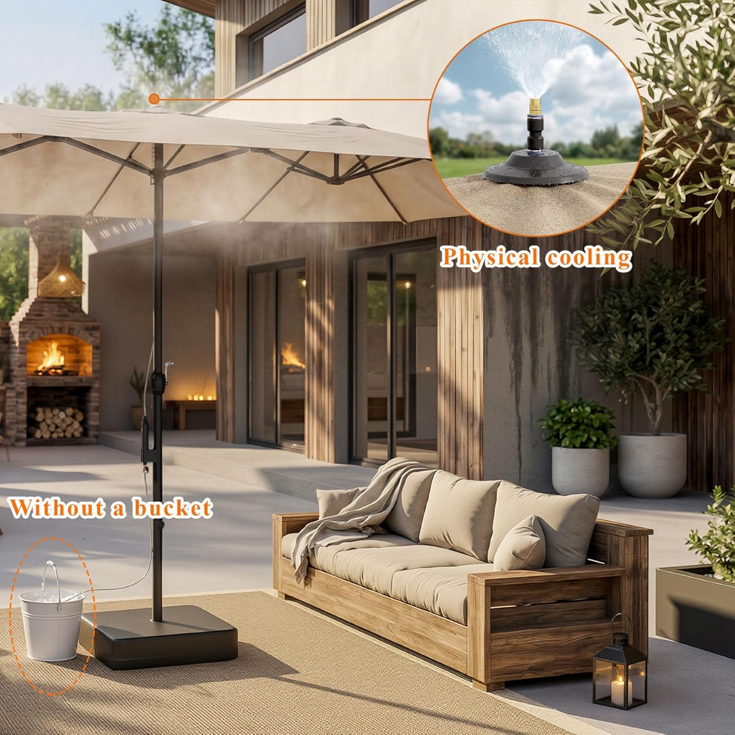 15 FT Patented Misting Patio Umbrella with Base, Outdoor Umbrella with Built-in Rechargeable Mist System