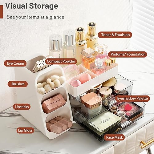 Miniatura 2 de Aveniee Organizador de maquillaje con cajones para tocador, gran vitrina de cosméticos con soporte para brochas de maquillaje, organizadores de baño