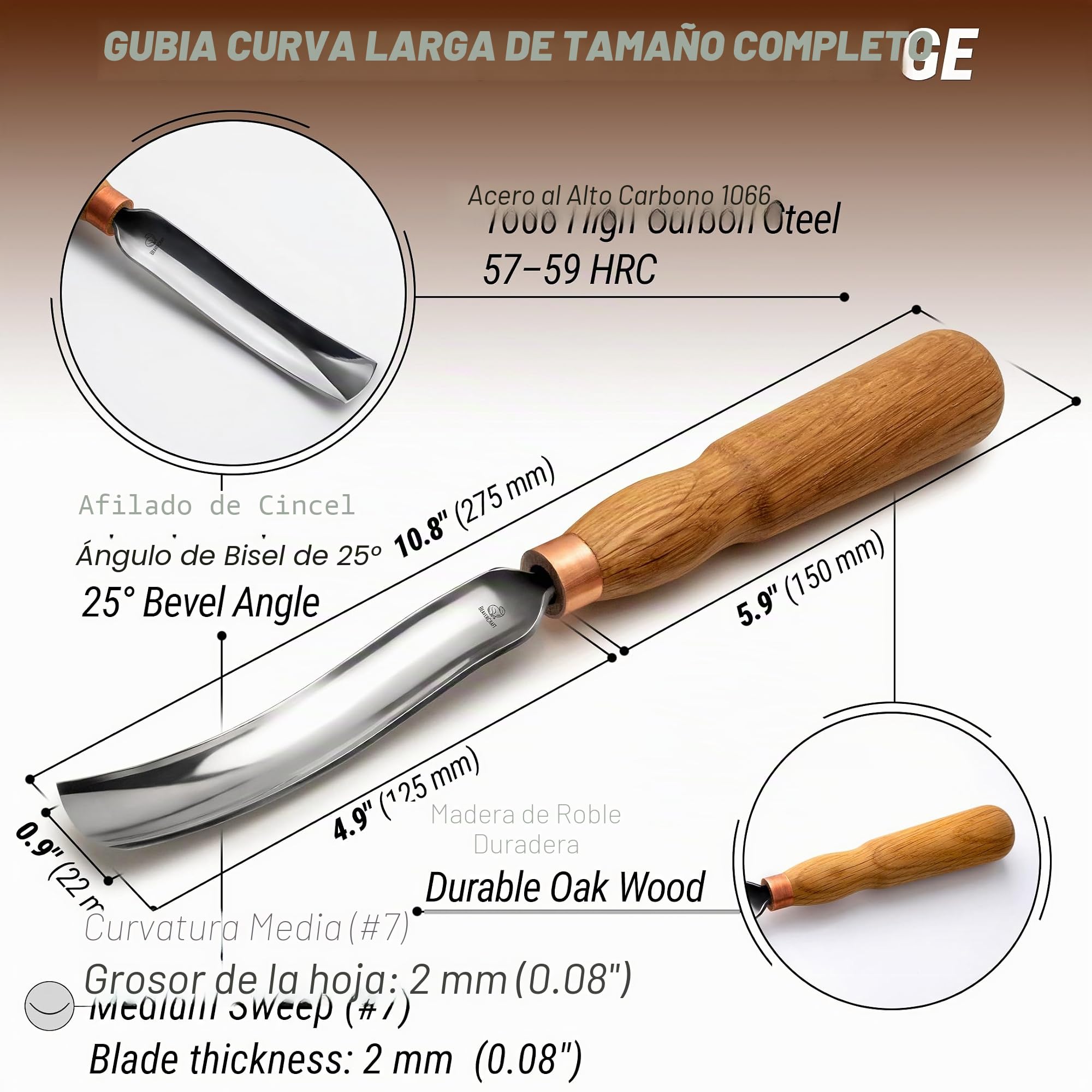 BeaverCraft Gouge Tallado Madera 7L/22 – Herramientas Tallado Cucharas, Cinceles, Gouge para Cuencos, Cincel Curvado, Cuchillo Whittling para Cucharas