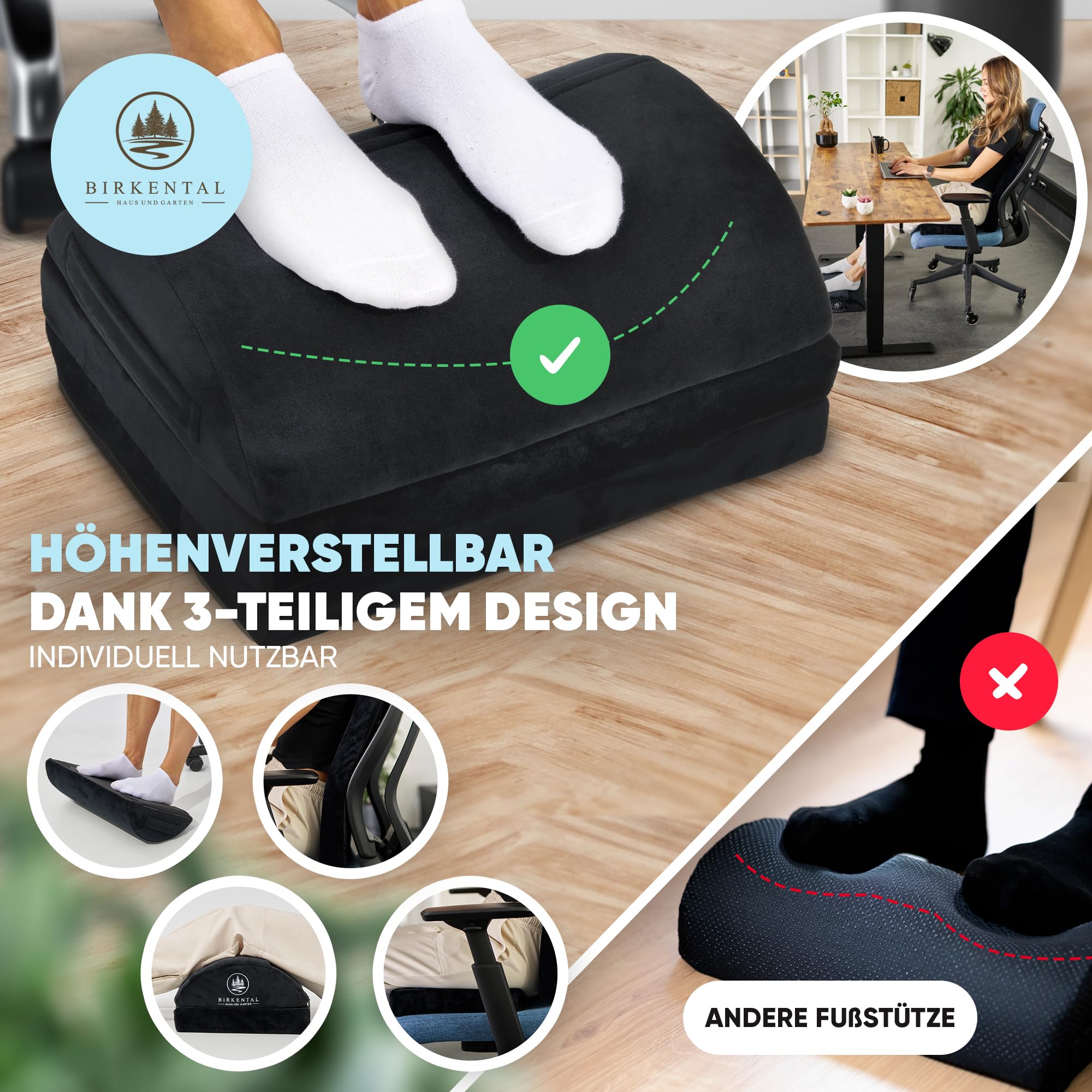 Birkental Fußstütze Schreibtisch – (TESTSIEGER) 3 Fach höhenverstellbar mit flauschiger Fußtasche-Ergonomisch höhenverstellbare, rutschfeste Fußablage–Büro und Schreibtisch Zubehör-Fußbank Fußhocker