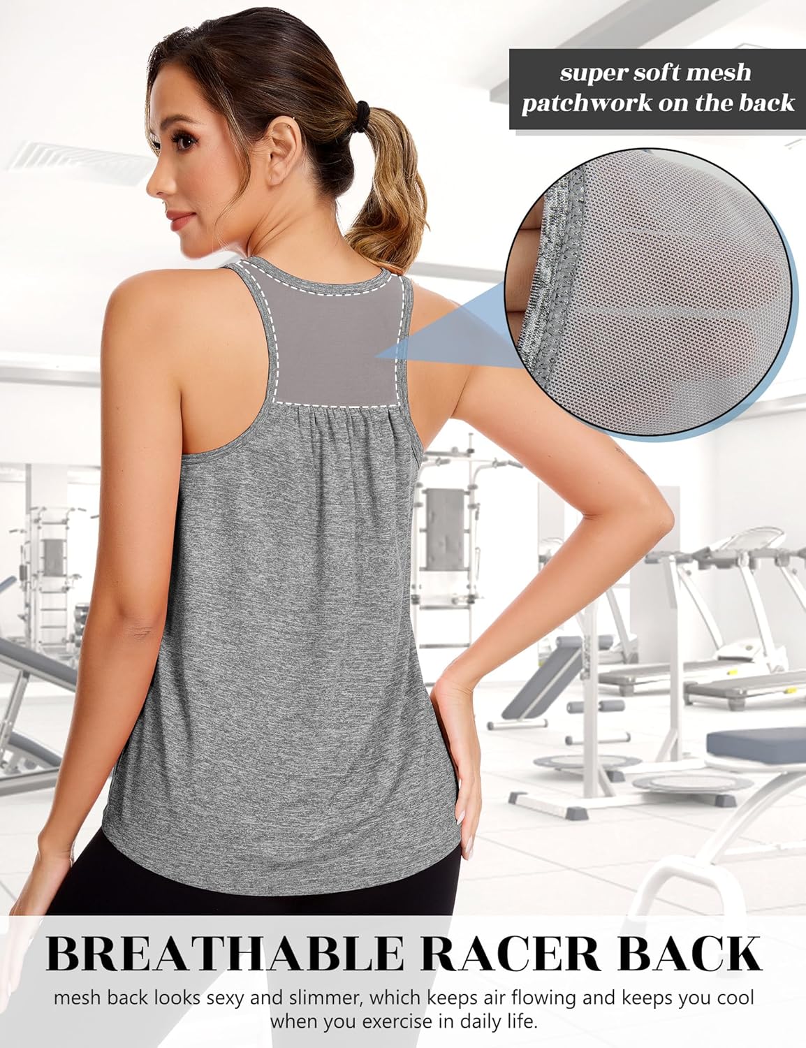 SLIMBELLE Mesh Racer Back Tank Tops Womens Gym Yoga Athletic Workout Tops Round Neck Sleeveless Cami with Built in Bra - Image 3