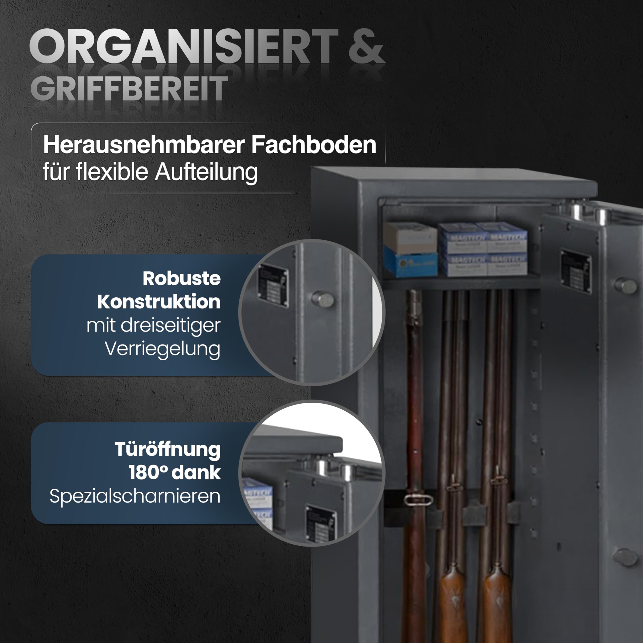 Waffenschrank EN 1143-1 Klasse 0 mit Zahlenschloss, Waffentresor Widerstandsgrad 0 mit elektr. Zahlenschloss, Waffensafe Grad 0 für 4 Langwaffen, Zugelassener Waffenschrank