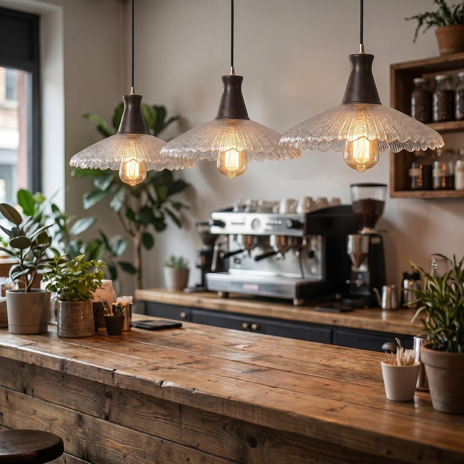 Pendant Lamp Vintage Wood Textured Glass E26 Height Adjustable for Bedroom Dining Room Living Room Kitchen Study Cafe Rustic Style 21cm 31cm (31cm)