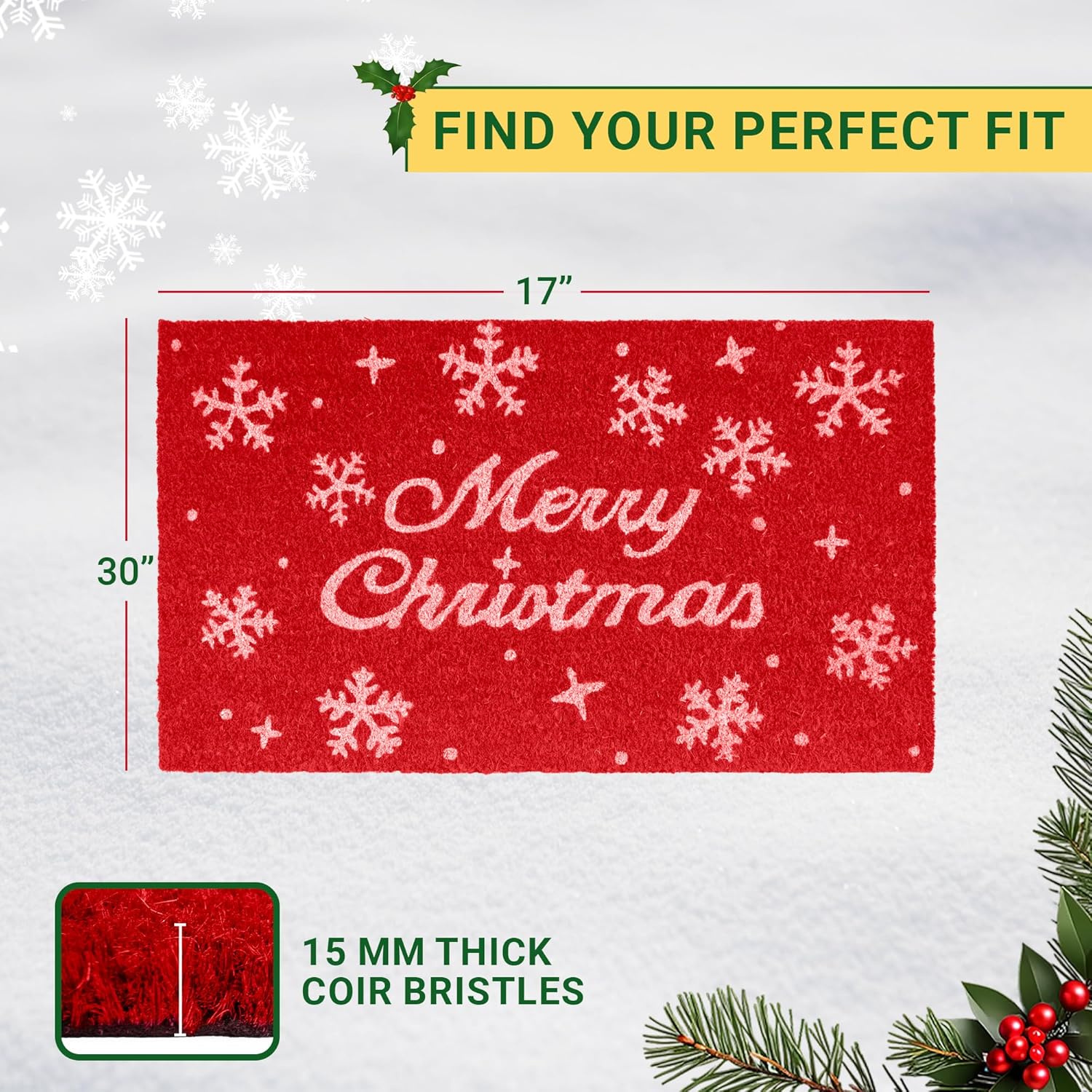 Merry Christmas Coir Door Mat – Festive Christmas Door Mat for Holiday Entryway Décor (Merry Christmas, 24'' x 36'')