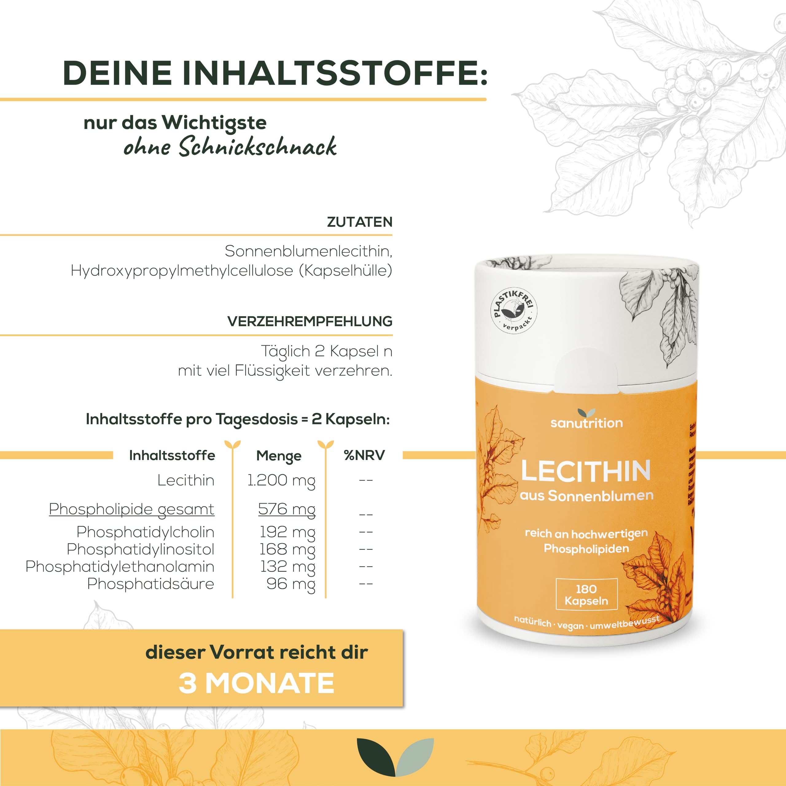 Sonnenblumenlecithin | 180 Kapseln | exakte Dosierung | Reinstoffprodukt | Ohne Zusätze | non-GMO | Flüssigkapseln reich an Phospholipiden | geprüfte Qualität