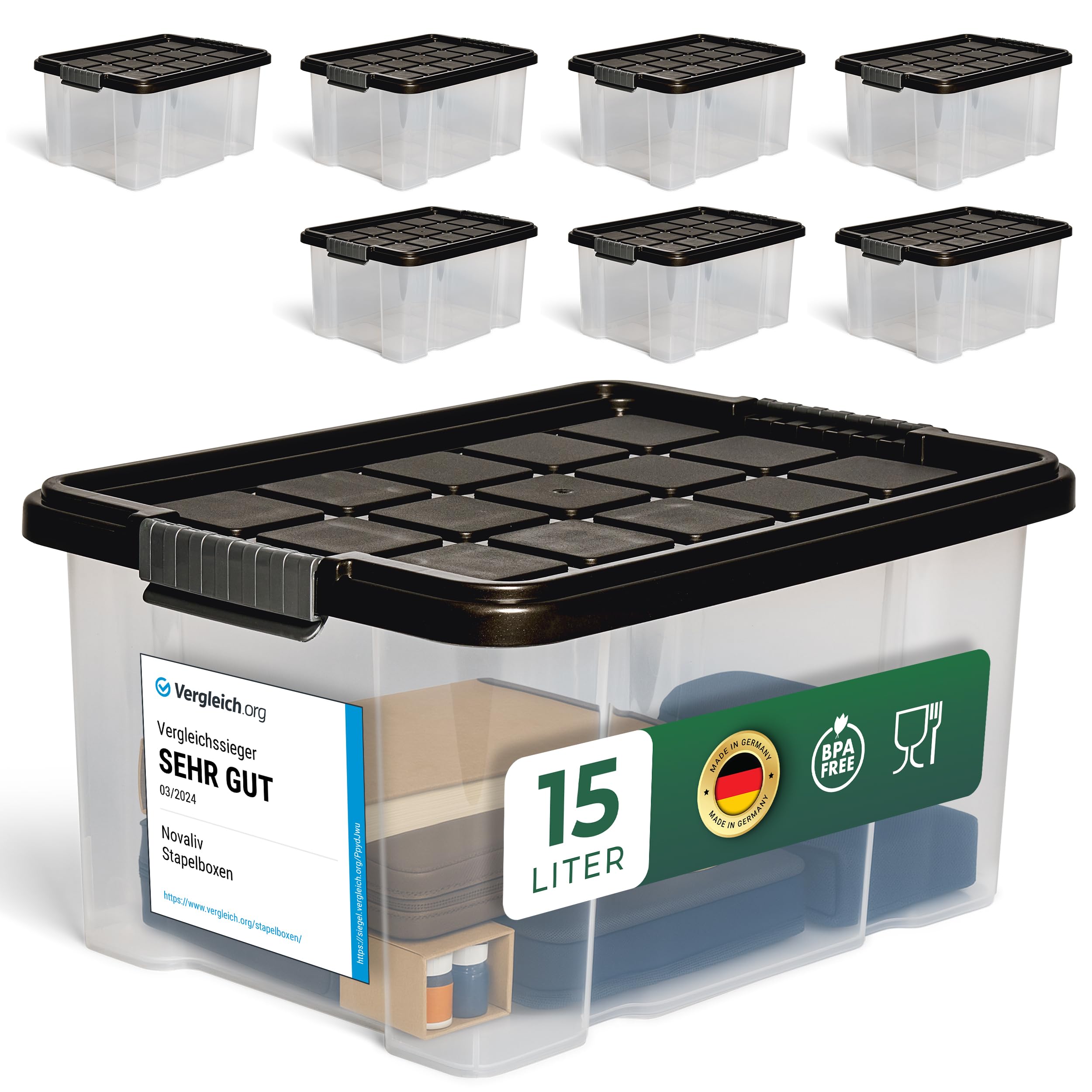 Novaliv 8x Aufbewahrungsboxen mit Deckel 15L Anthrazit Nestbar stapelbare Storage boxes mit Clipverschluss Kunststoffbox BPA-frei 41 x 29 x 20 cm
