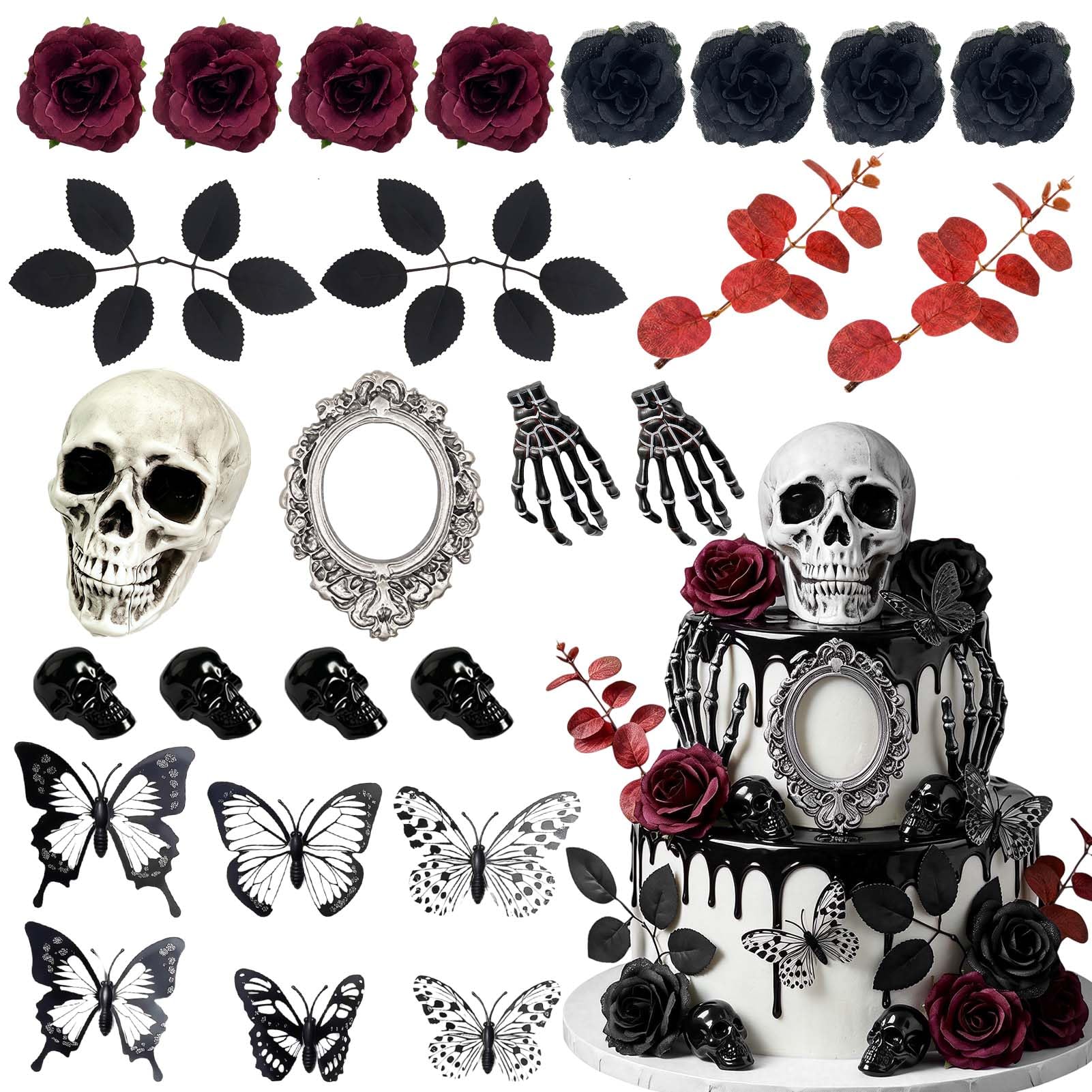 Gothic Cake Decorations-26PCS Bows Butterfly Black Rose Cake Topper