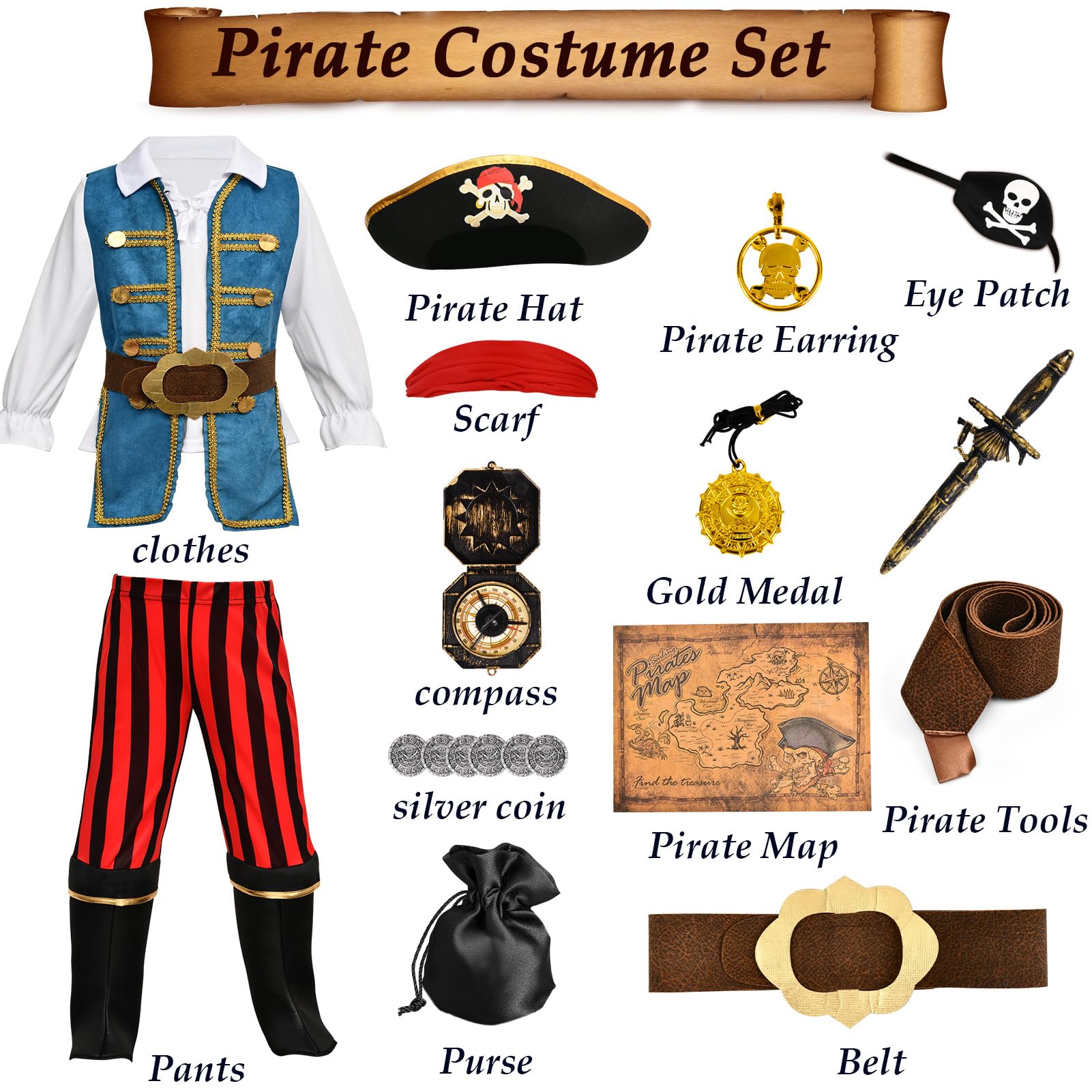 Disfraz Pirata Niño con Pirata Accesorios Sombrero Parche Brújula Bolso Mapa Pendiente Disfraz de Halloween Carnaval para Niños Infantil 3 4 5 6 7 8 9 10 11 Años