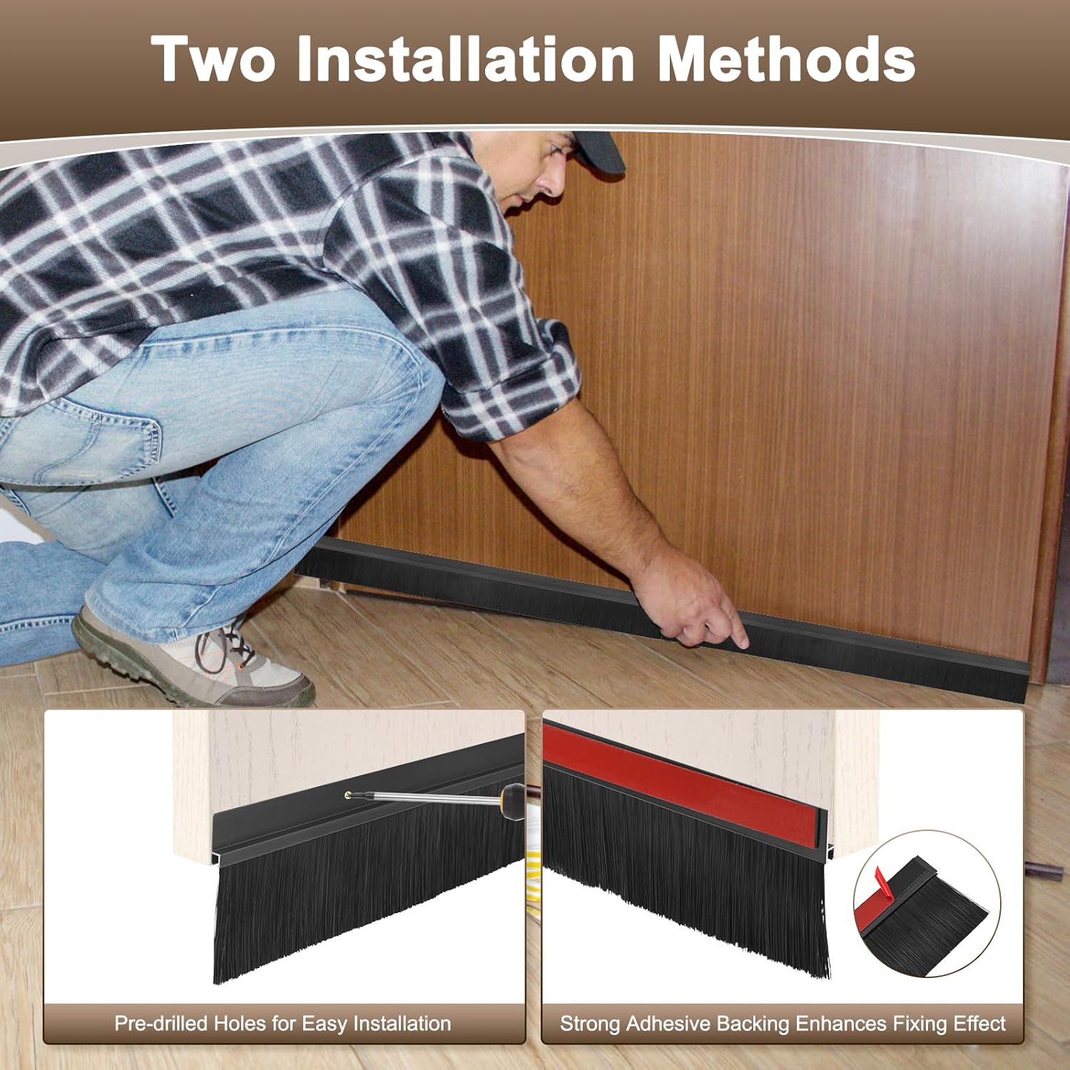 2Pack Door Sweep - 39" Door Bottom Brush Heavy Duty Seal Draft Stopper Aluminum Base with 20mm Brush, Adhesive/Screw Installation for Interior/Exterior/Garage/Sliding Doors, Black