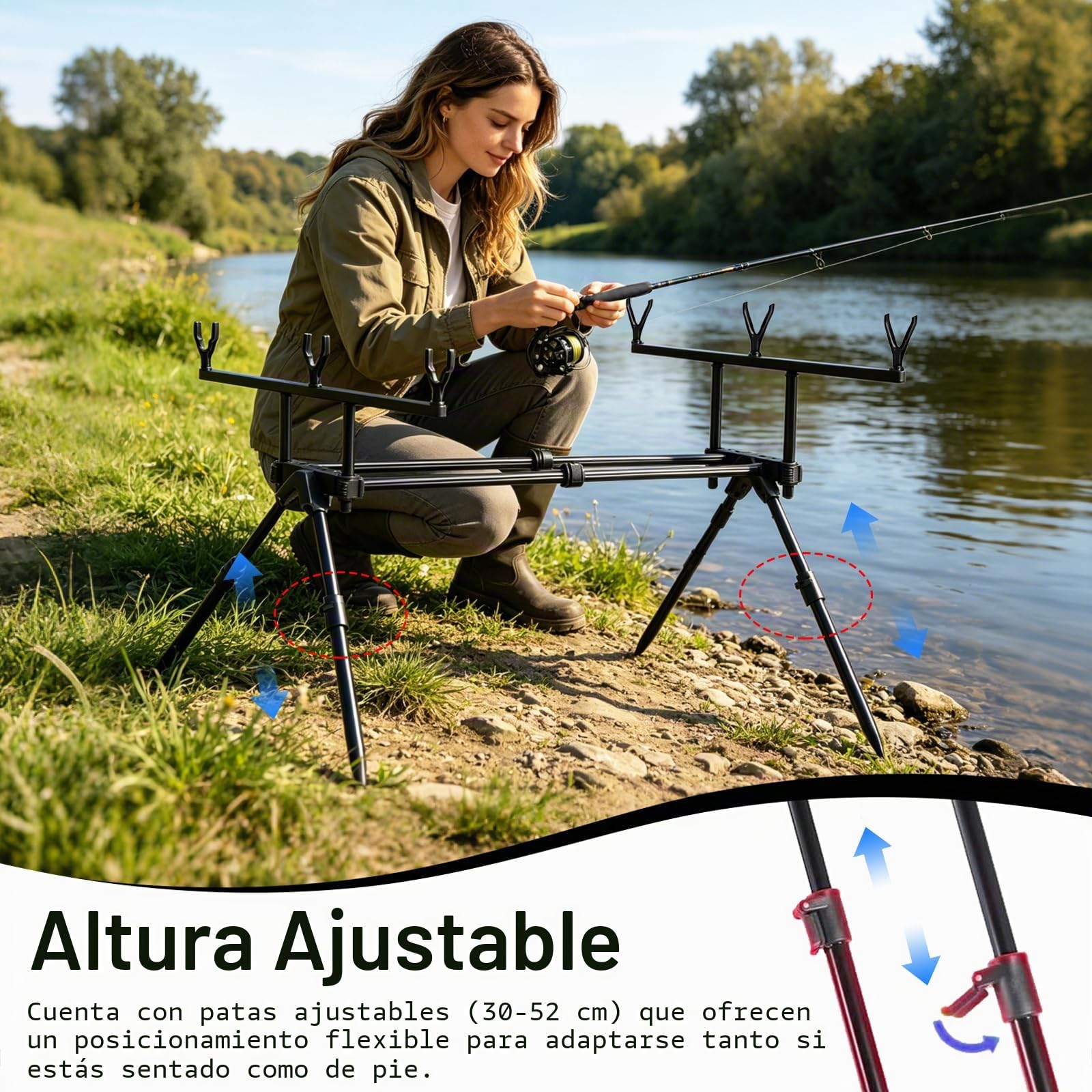 Soporte para Cañas de Pescar, 64-121cm Portacañas de Tres Cabezales Extensible Estante de Cañas de Pescar con Bolsa de Transporte y 6 Cabezales de Apoyo para Cañas para Pesca de Carpas Desde la Orilla