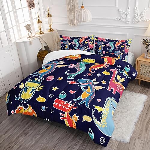 Miniatura 3 de Juego de edredón de dinosaurio de dibujos animados, tamaño individual, juego de ropa de cama de dinosaurio kawaii de 3 piezas, decoración de corazón