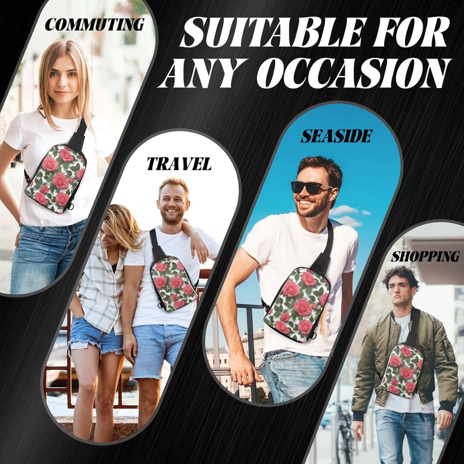 Roses Adjustable Strap Large Capacity Double Layer Crossbody Chest Bag 7.7x2.4x11.8in For Camping Travel Daily Leisure Activities